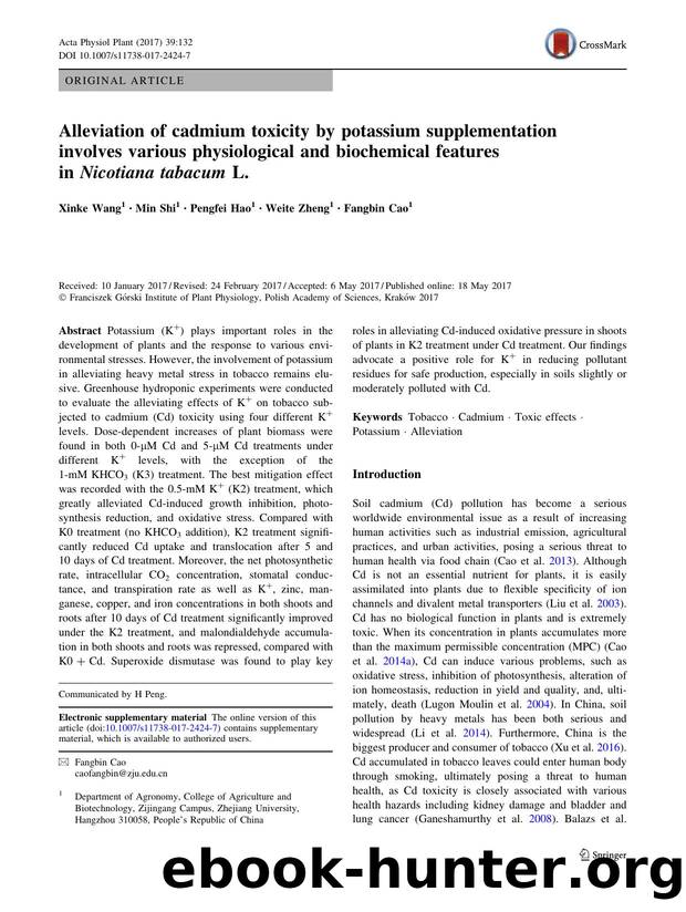 Alleviation of cadmium toxicity by potassium supplementation involves various physiological and biochemical features in Nicotiana tabacum L. by Xinke Wang & Min Shi & Pengfei Hao & Weite Zheng & Fangbin Cao