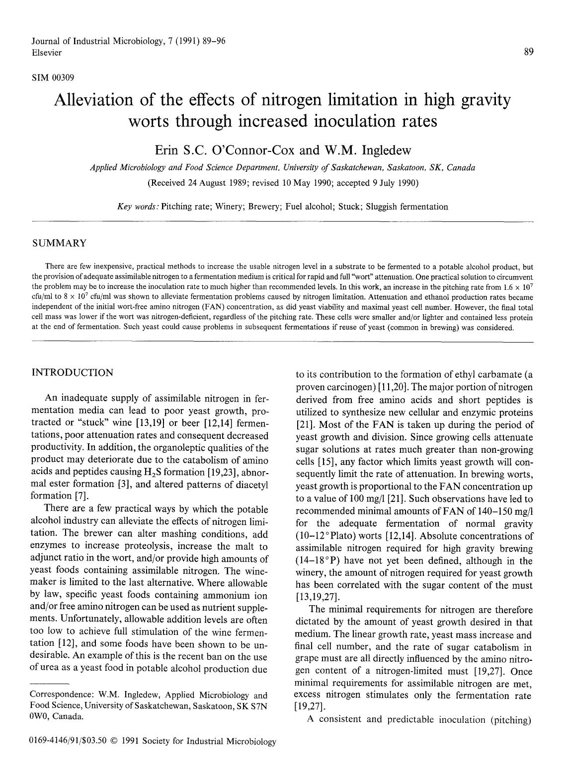 Alleviation of the effects of nitrogen limitation in high gravity worts through increased inoculation rates by Unknown