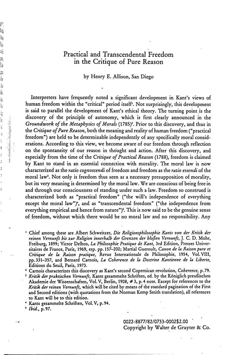 Allison Practical and Transcendental Freedom in the Critique of Pure Reason by Unknown