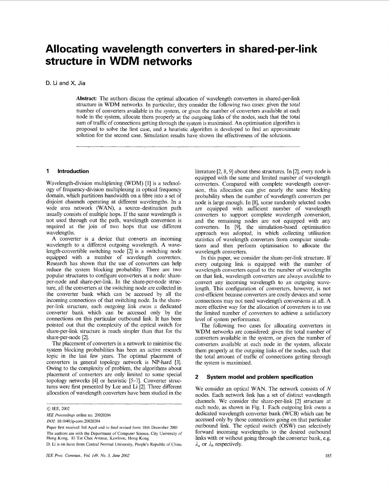 Allocating wavelength converters in shared-per-link structure in wdm networks - Communications, IEE Proceedings- by Unknown