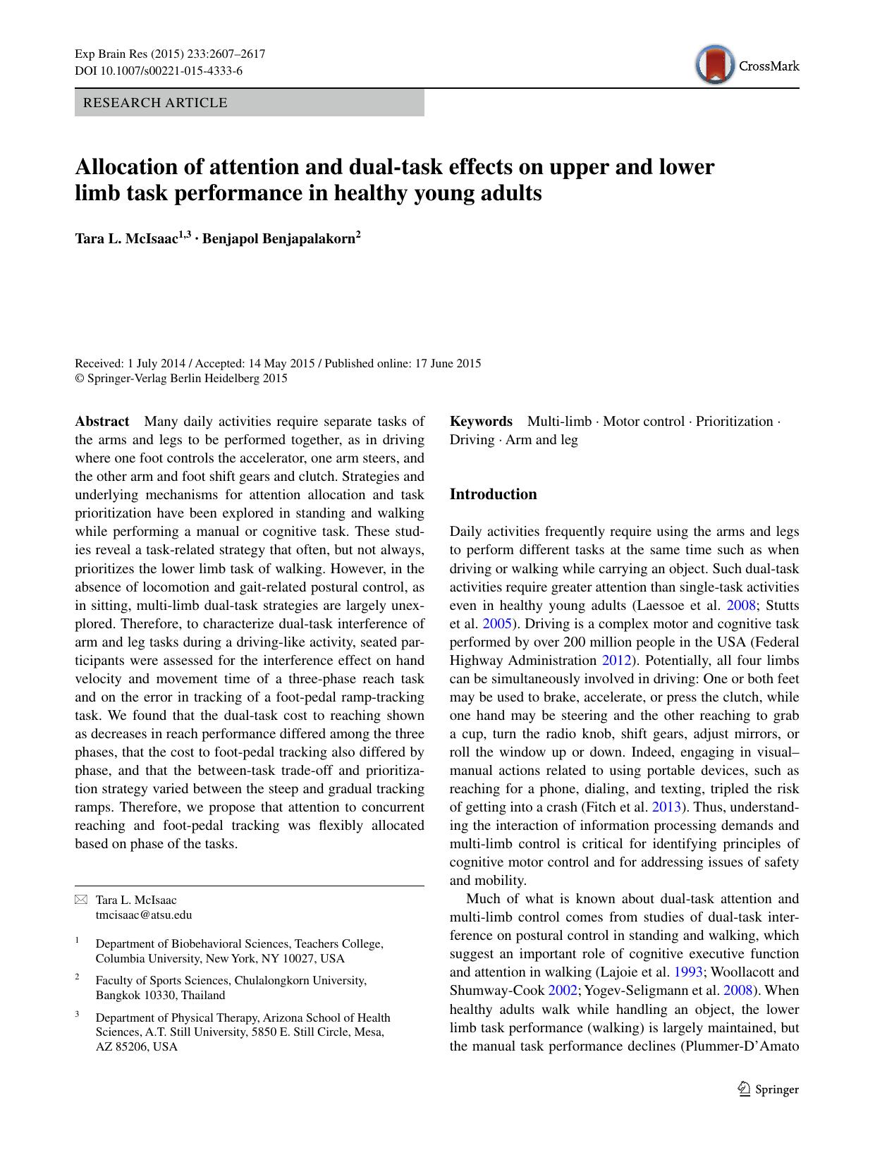 Allocation of attention and dual-task effects on upper and lower limb task performance in healthy young adults by Tara L. McIsaac & Benjapol Benjapalakorn