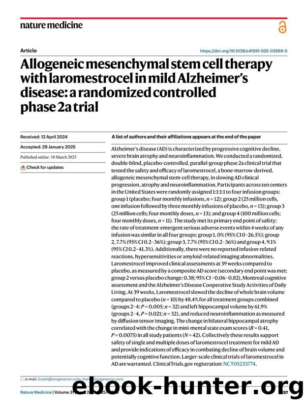 Allogeneic mesenchymal stem cell therapy with laromestrocel in mild Alzheimerâs disease: a randomized controlled phase 2a trial by unknow
