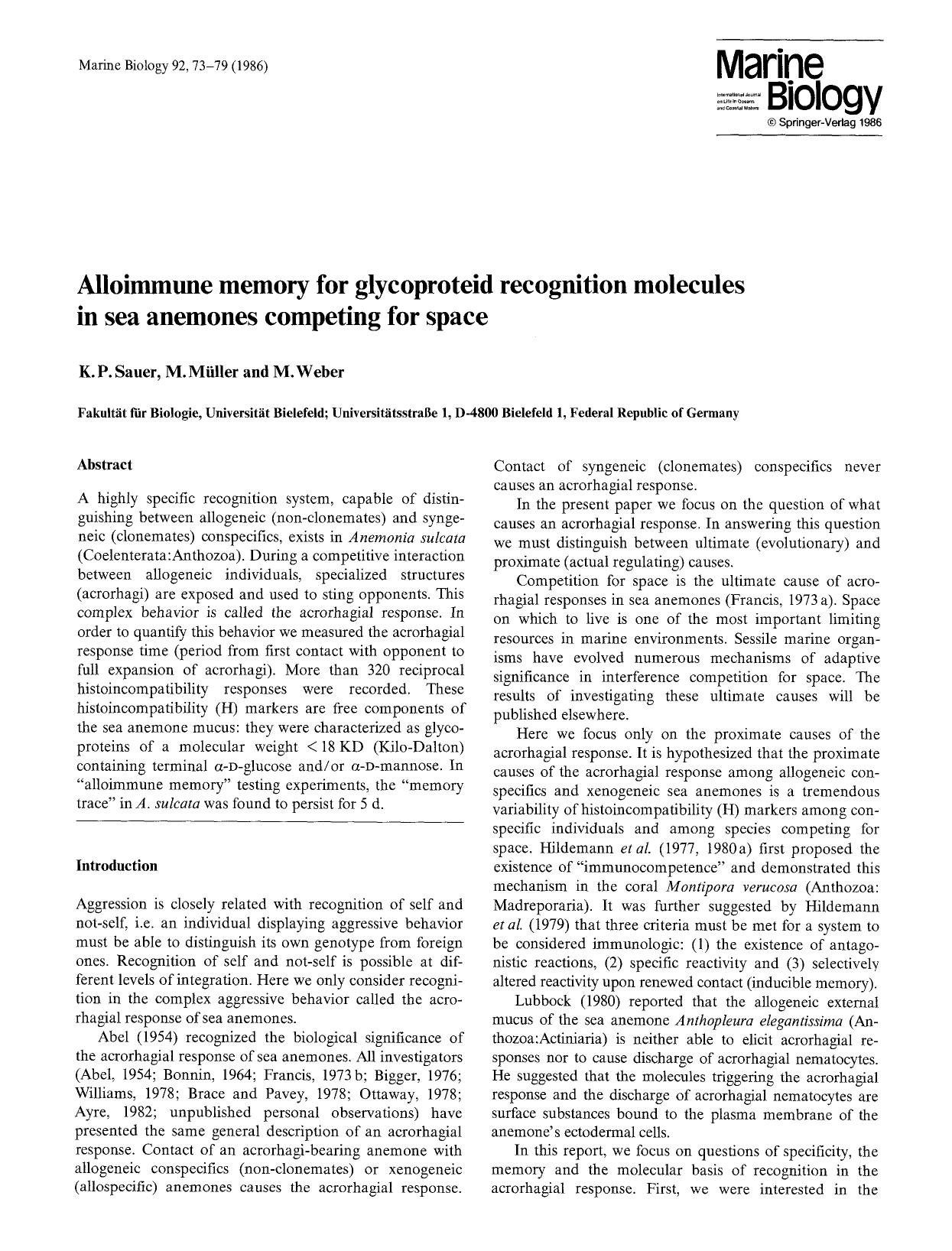 Alloimmune memory for glycoproteid recognition molecules in sea anemones competing for space by Unknown