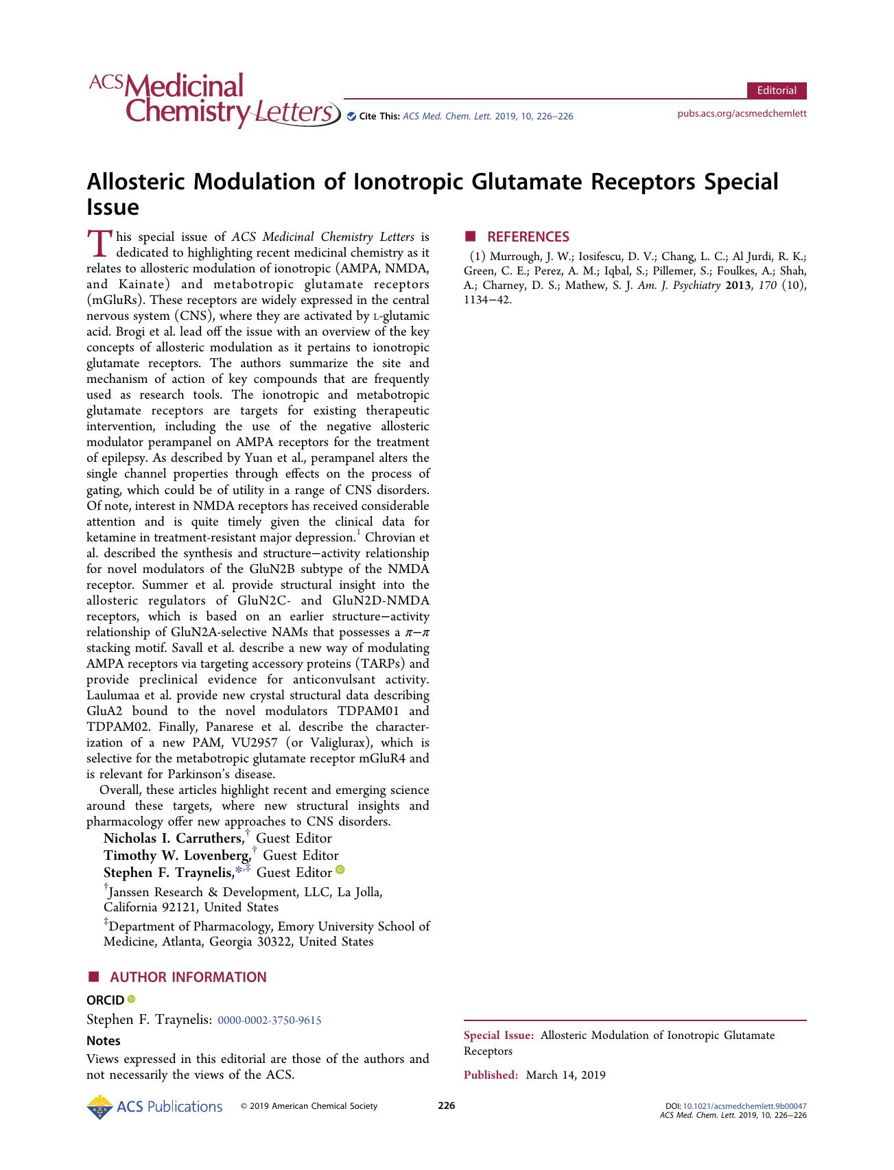 Allosteric Modulation of Ionotropic Glutamate Receptors Special Issue by unknow