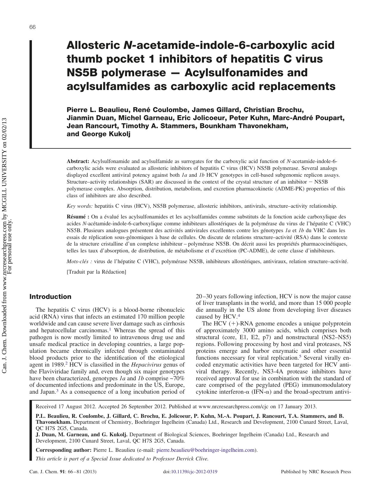 Allosteric N-acetamide-indole-6-carboxylic acid thumb pocket 1 inhibitors of hepatitis C virus NS5B polymerase — Acylsulfonamides and acylsulfamides as carboxylic acid replacements by unknow