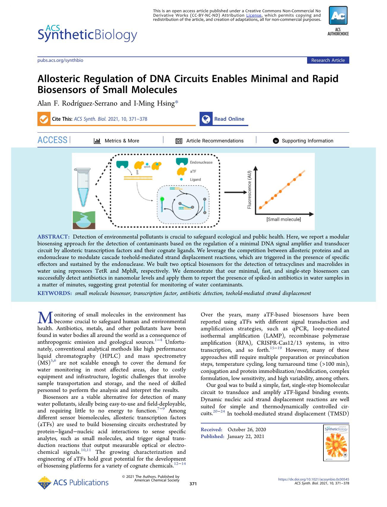 Allosteric Regulation of DNA Circuits Enables Minimal and Rapid Biosensors of Small Molecules by Alan F. Rodríguez-Serrano and I-Ming Hsing