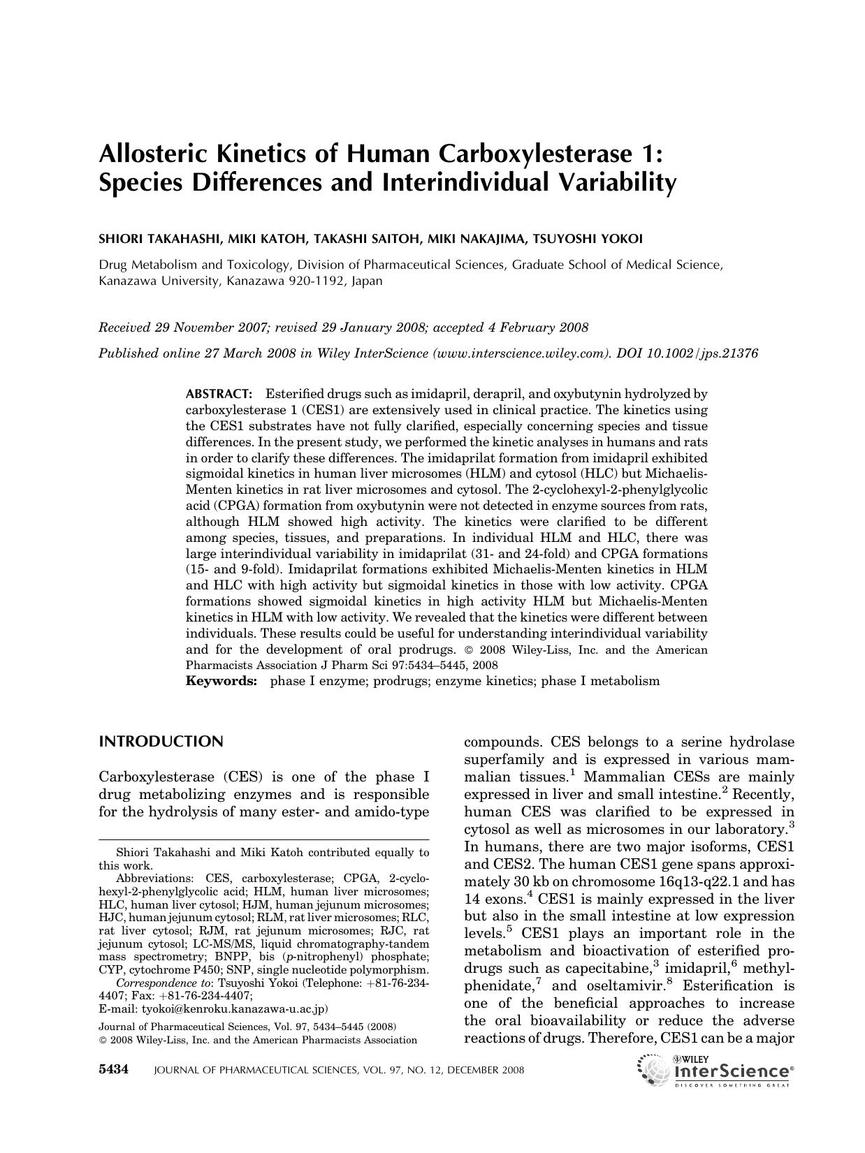 Allosteric kinetics of human carboxylesterase 1: Species differences and interindividual variability by Unknown