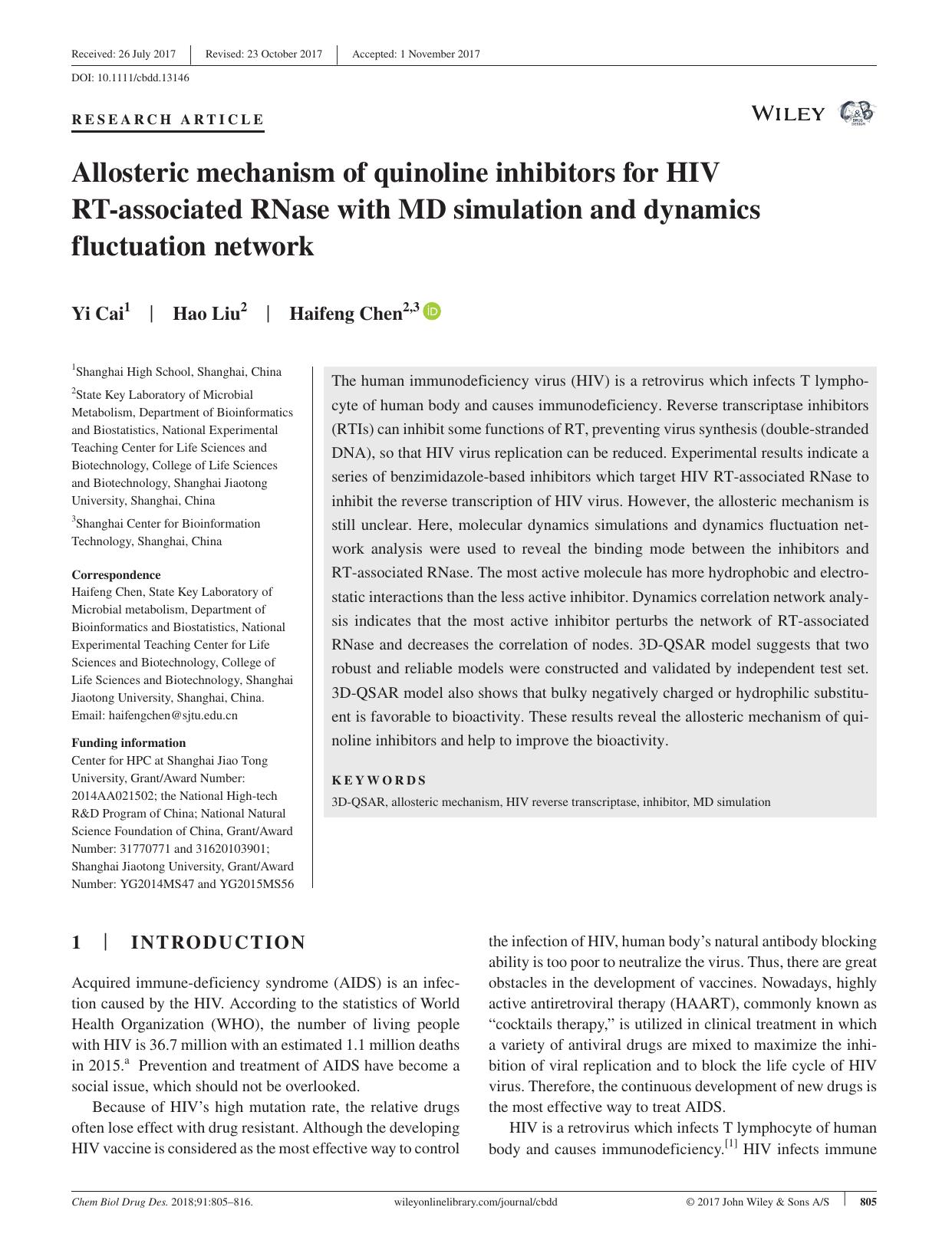 Allosteric mechanism of quinoline inhibitors for HIV RT‐associated RNase with MD simulation and dynamics fluctuation network by unknow