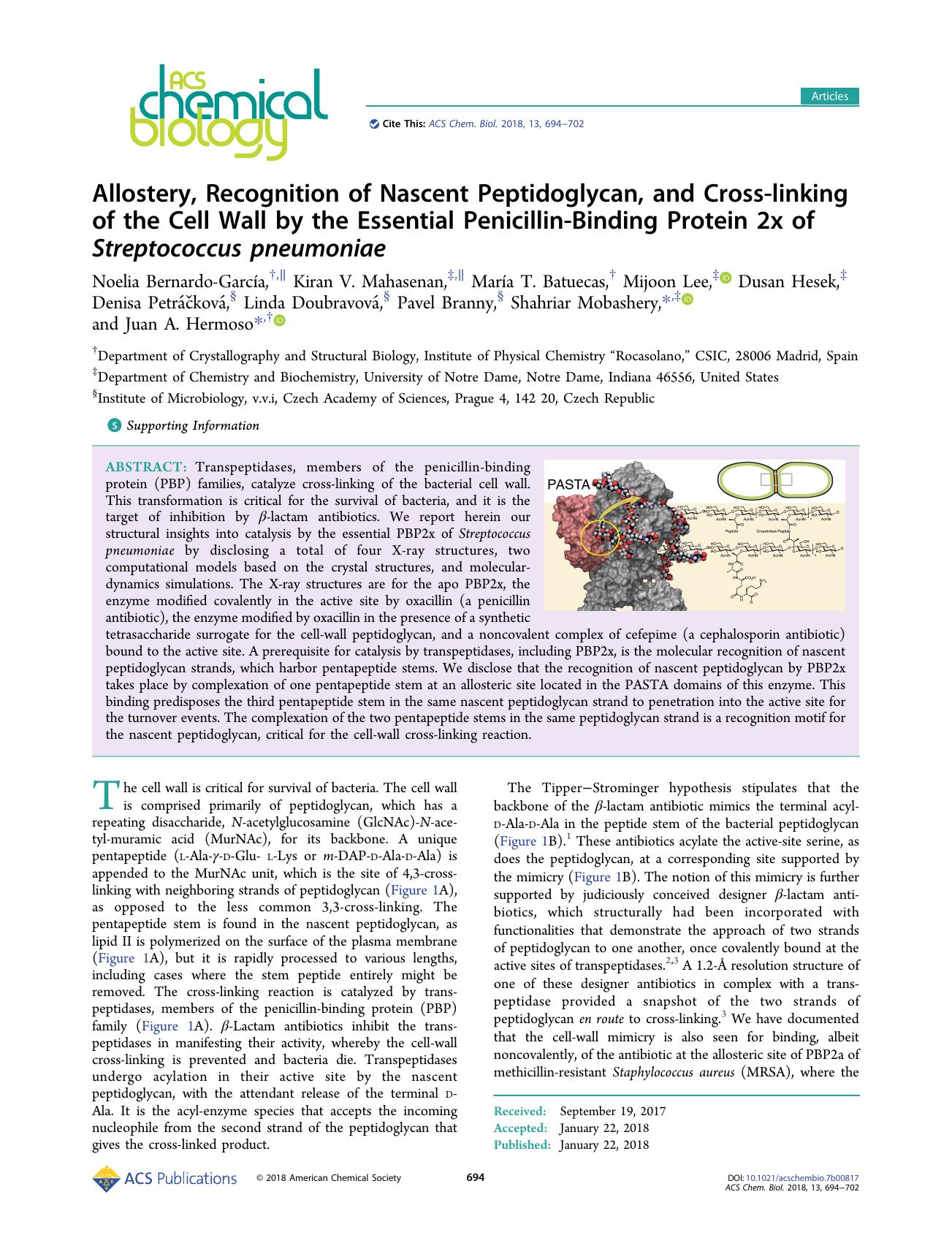 Allostery, Recognition of Nascent Peptidoglycan, and Cross-linking of the Cell Wall by the Essential Penicillin-Binding Protein 2x of Streptococcus pneumoniae by unknow