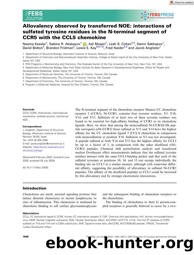 Allovalency observed by transferred NOE: interactions of sulfated tyrosine residues in the Nâterminal segment of CCR5 with the CCL5 chemokine by Unknown
