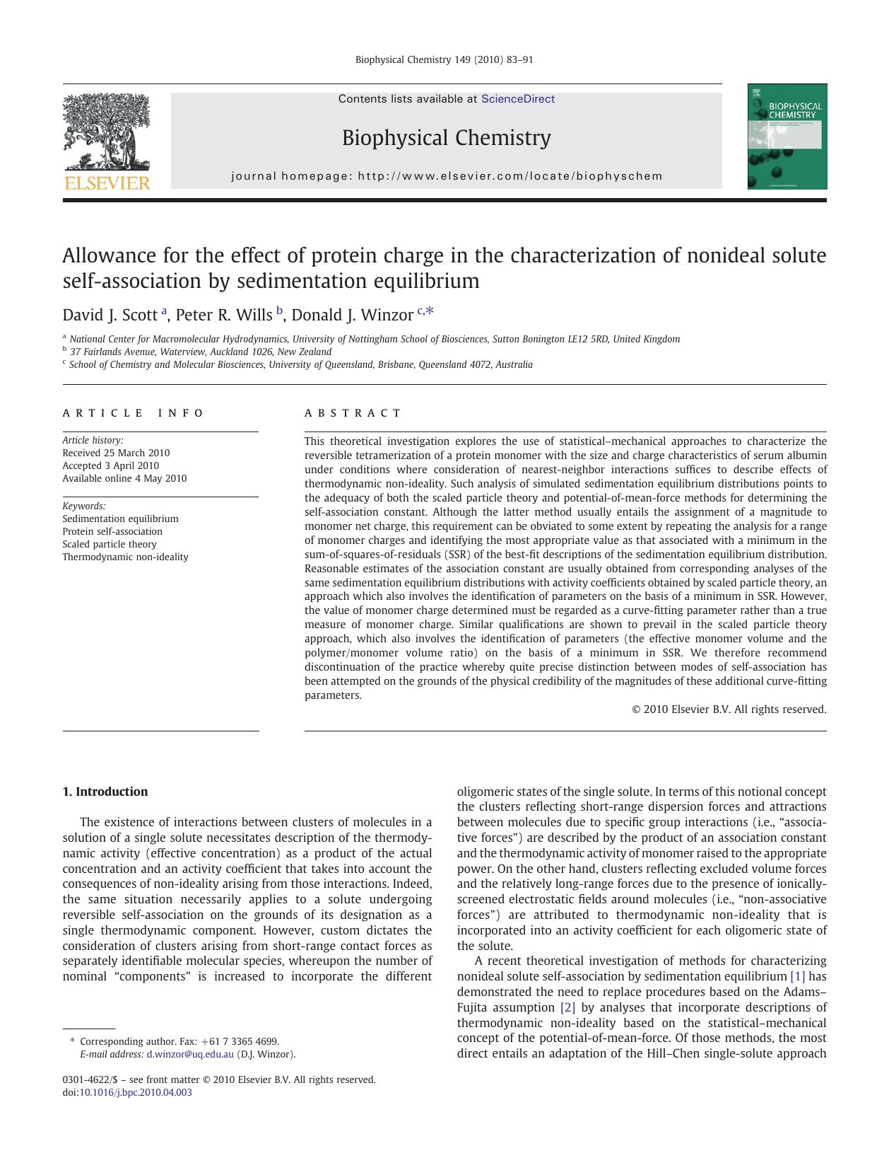 Allowance for the effect of protein charge in the characterization of nonideal solute self-association by sedimentation equilibrium by David J. Scott; Peter R. Wills; Donald J. Winzor