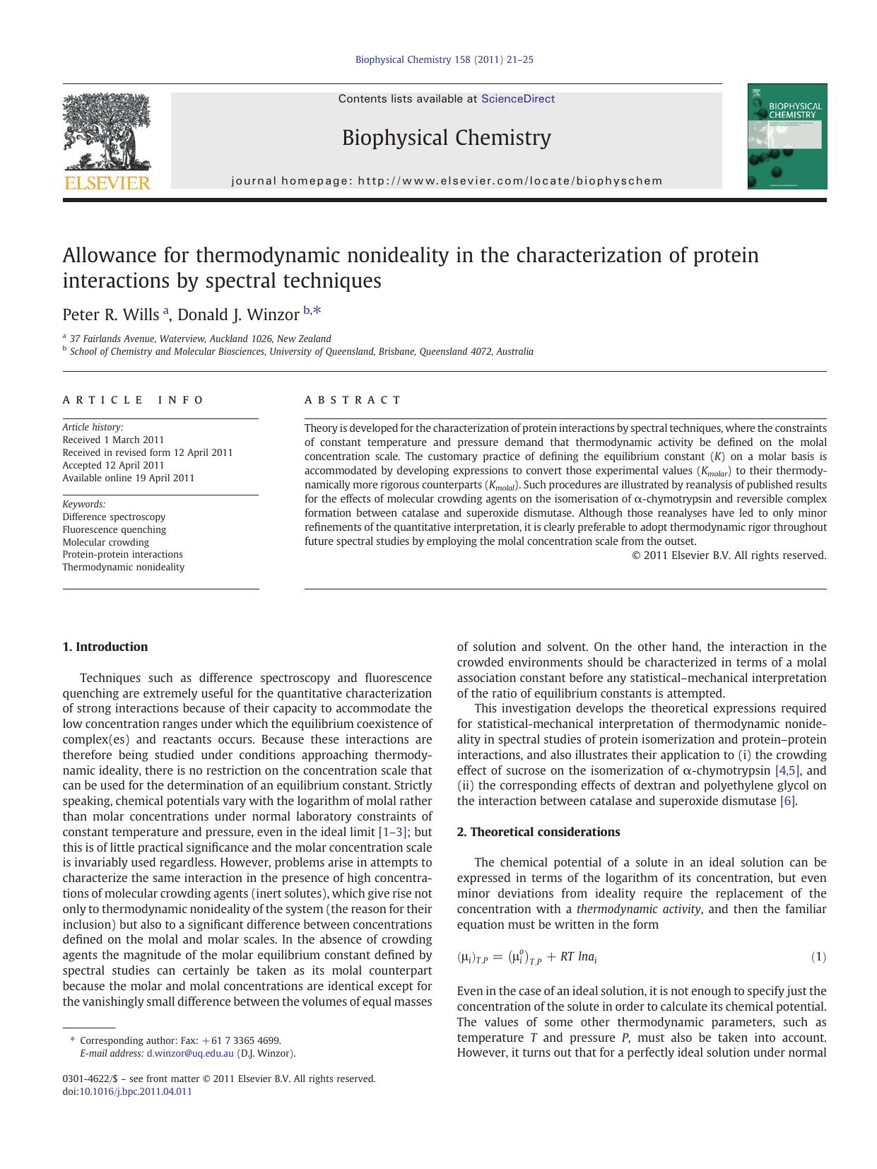 Allowance for thermodynamic nonideality in the characterization of protein interactions by spectral techniques by Peter R. Wills & Donald J. Winzor