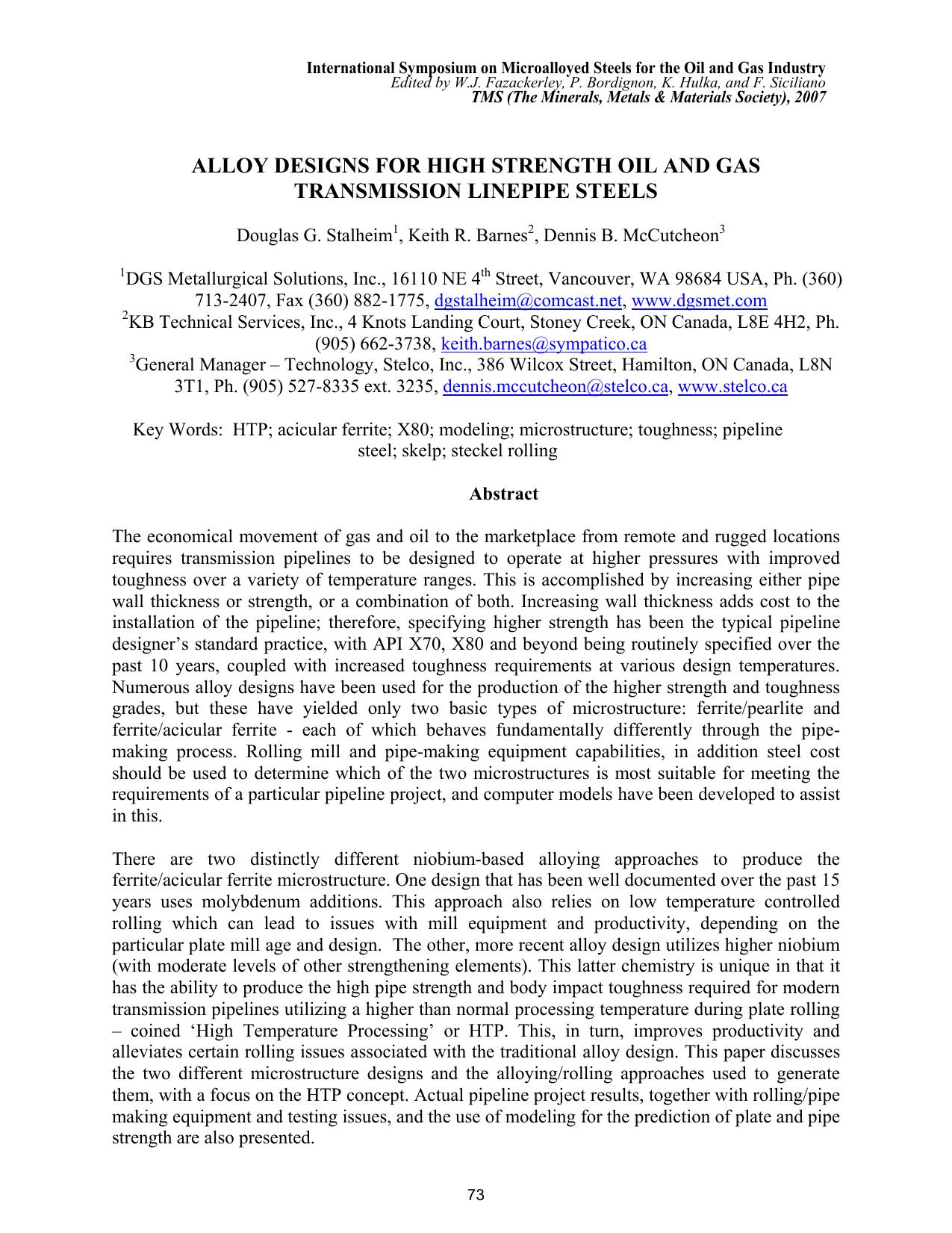 Alloy Designs for High Strength Oil and Gas Transmission Linepipe Steels by D.G. Stalheim K.R. Barnes and D.B. McCutcheon