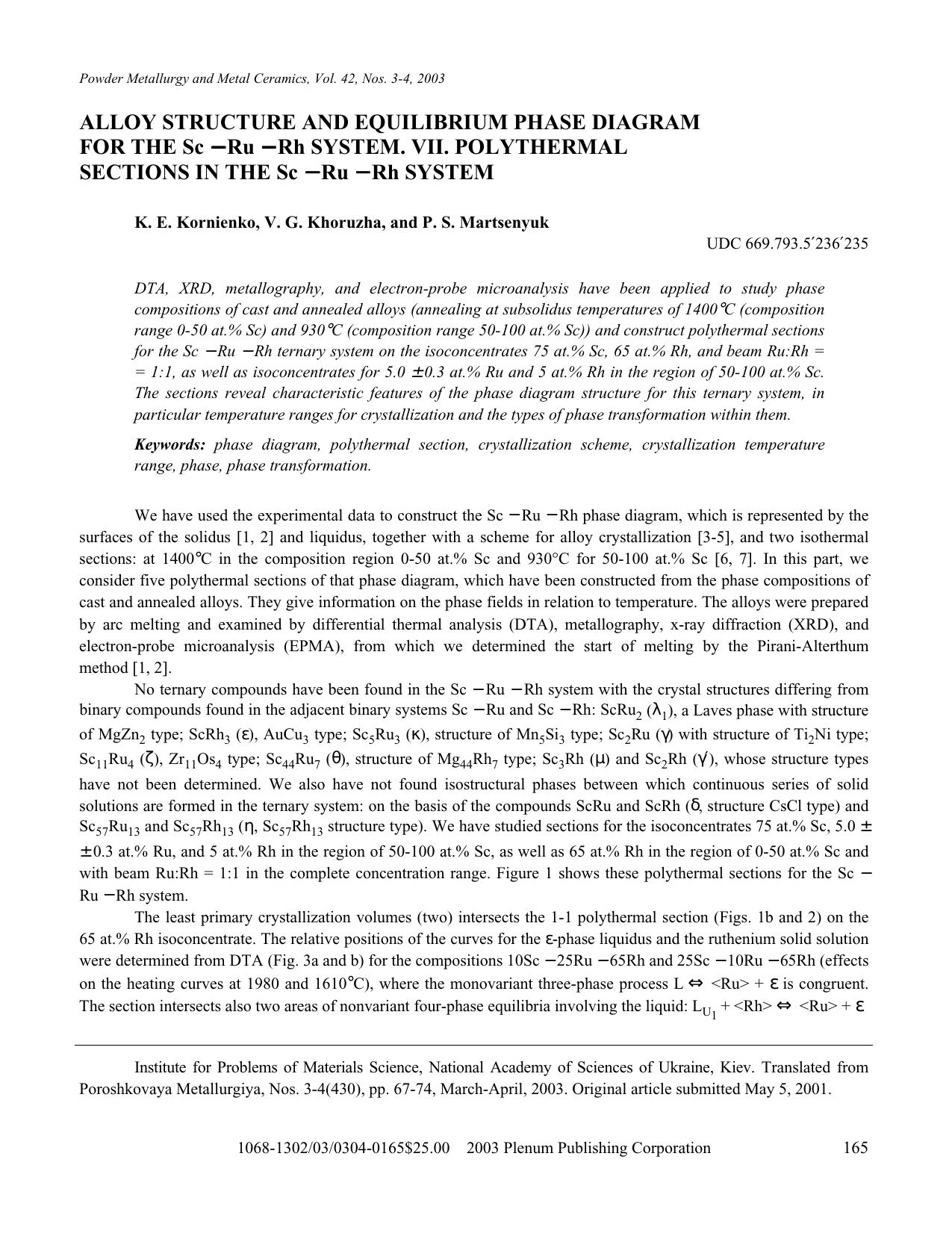 Alloy Structure and Equilibrium Phase Diagram for the Sc–Ru–Rh System. Part 7. Polythermal Sections in the Sc–Ru–Rh System by Unknown