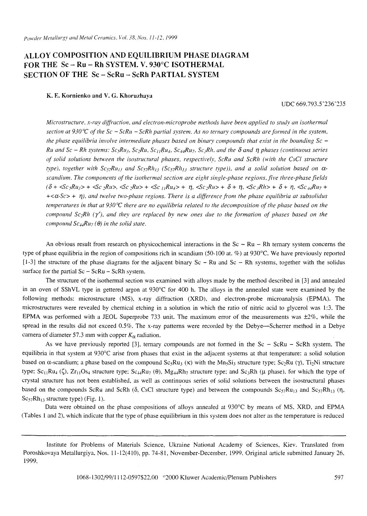 Alloy composition and equilibrium phase diagram for the Sc–Ru–Rh system. V. 930°C isothermal section of the Sc–ScRu–ScRh partial system by Unknown