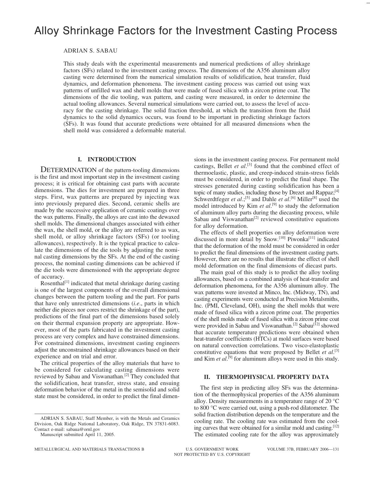 Alloy shrinkage factors for the investment casting process by Unknown