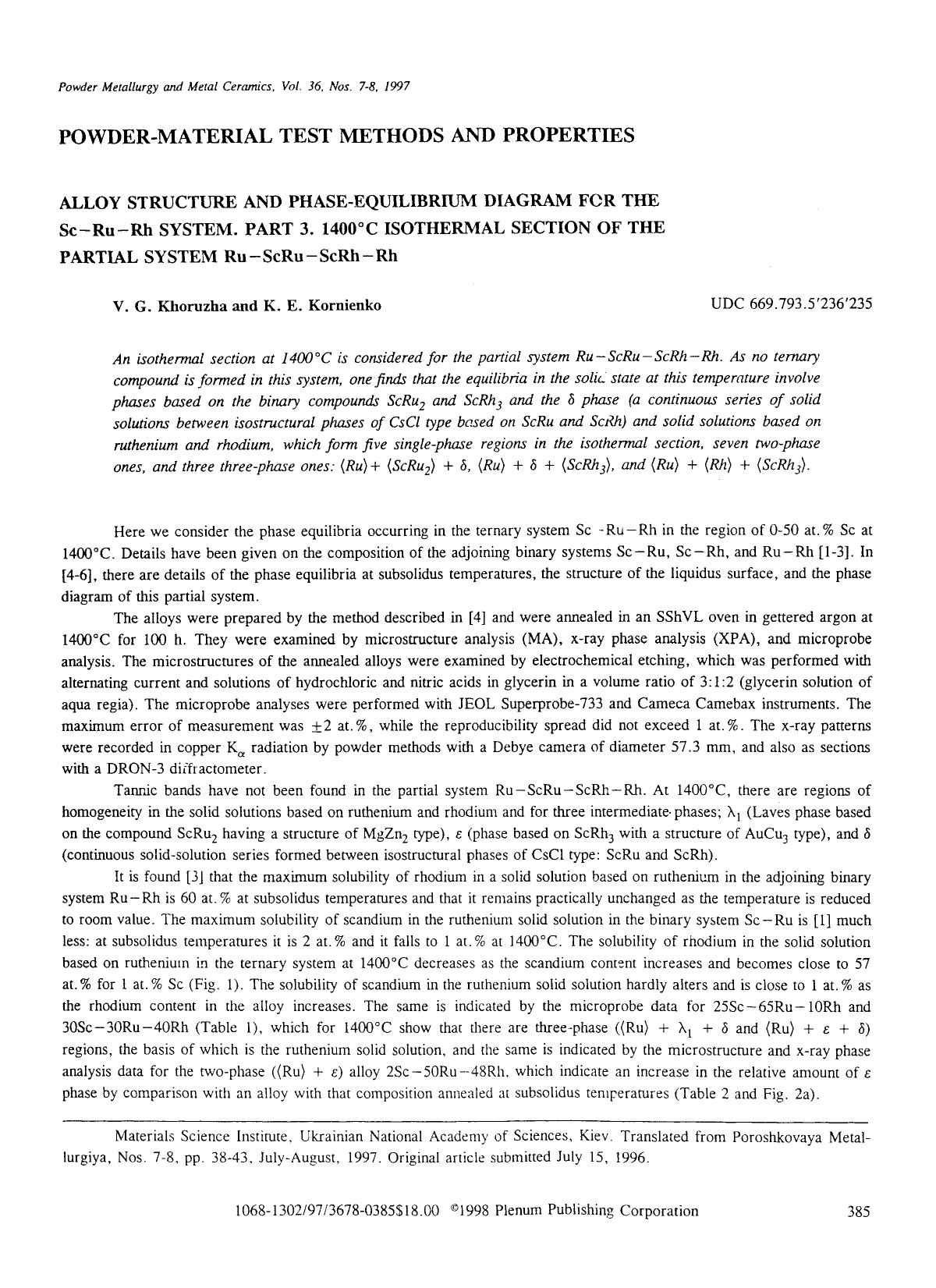 Alloy structure and phase-equilibrium diagram FCR the Sc-Ru-Rh system. Part 3, 1400°C isothermal section of the partial system Ru-ScRu-ScRh-Rh by Unknown