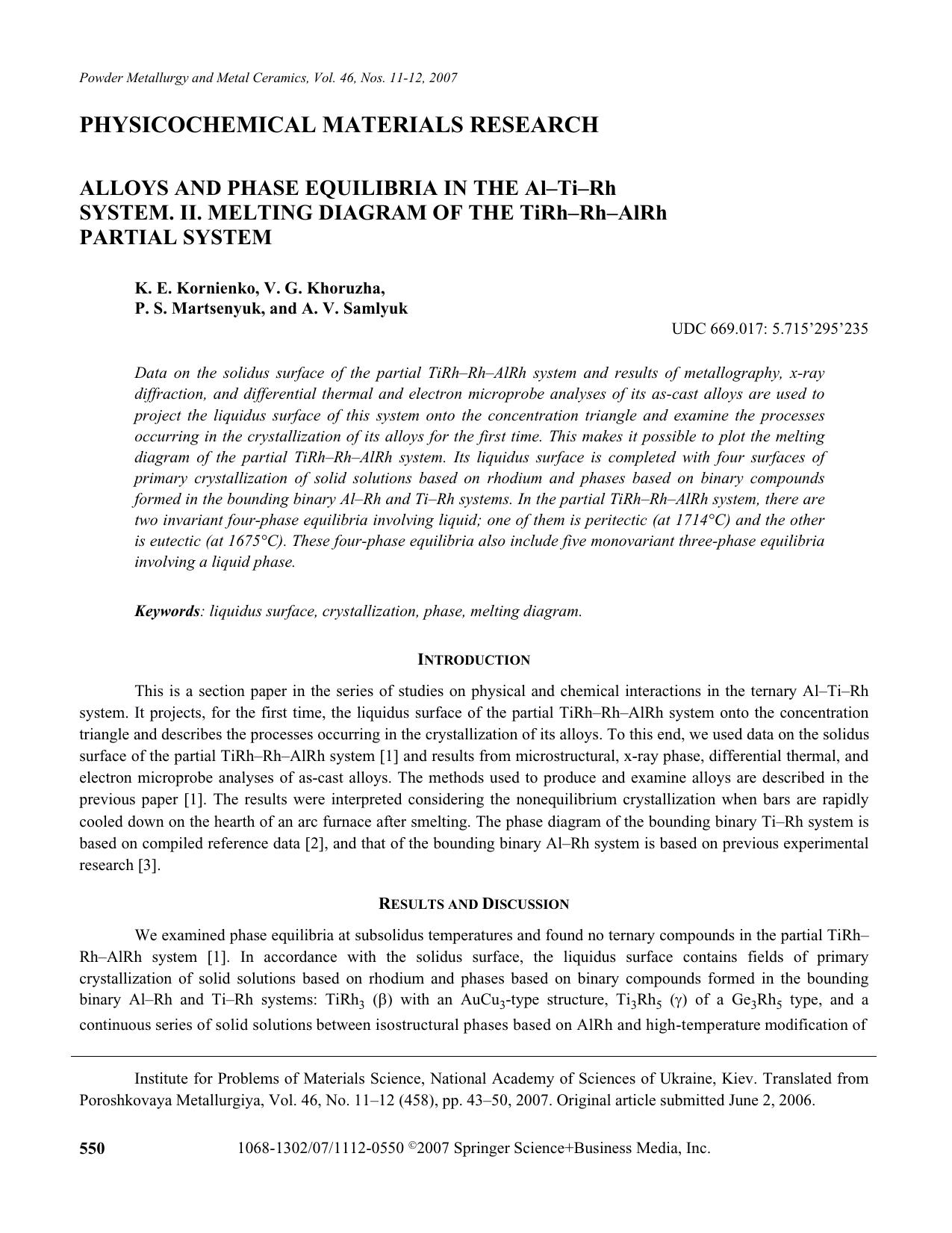 Alloys and phase equilibria in the Al-Ti-Rh system. II. Melting diagram of the TiRh-Rh-AlRh partial system by Unknown