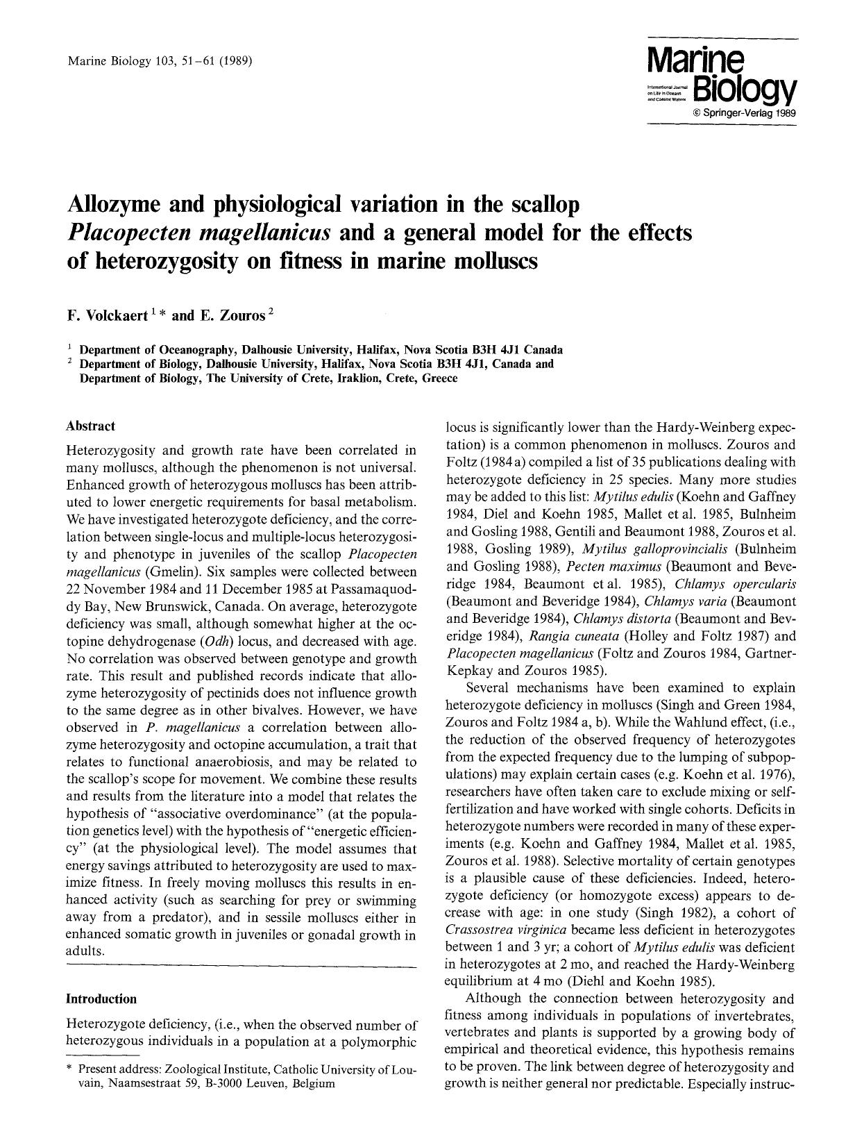 Allozyme and physiological variation in the scallop <Emphasis Type="Italic">Placopecten magellanicus<Emphasis> and a general model for the effects of heterozygosity on fitness in marine molluscs by Unknown