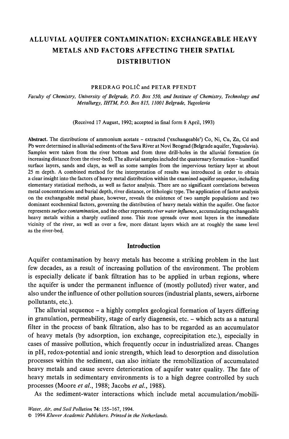 Alluvial aquifer contamination: Exchangeable heavy metals and factors affecting their spatial distribution by Unknown