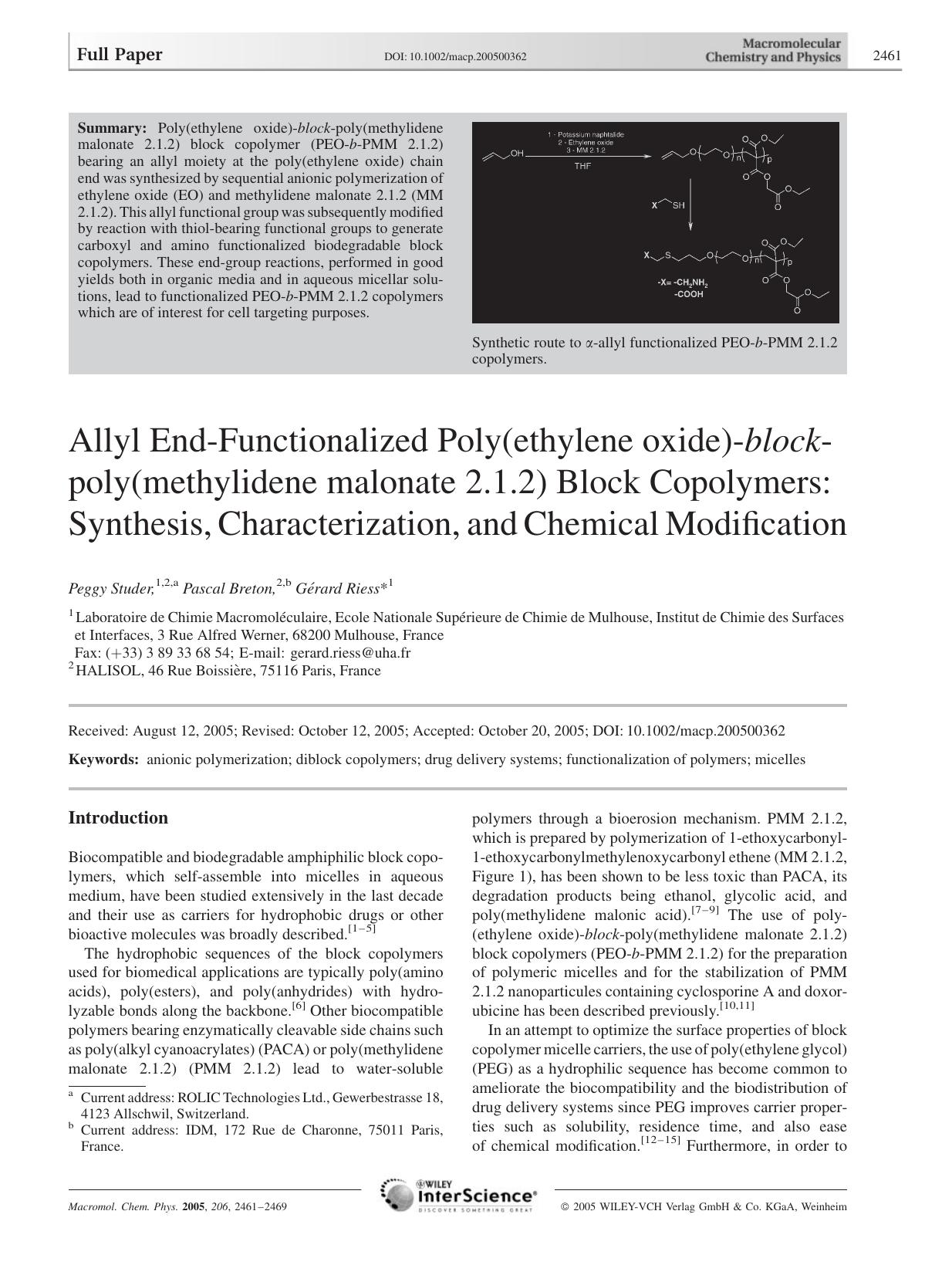 Allyl End-Functionalized Poly(ethylene oxide)-block-poly(methylidene malonate 2.1.2) Block Copolymers: Synthesis, Characterization, and Chemical Modification by Unknown