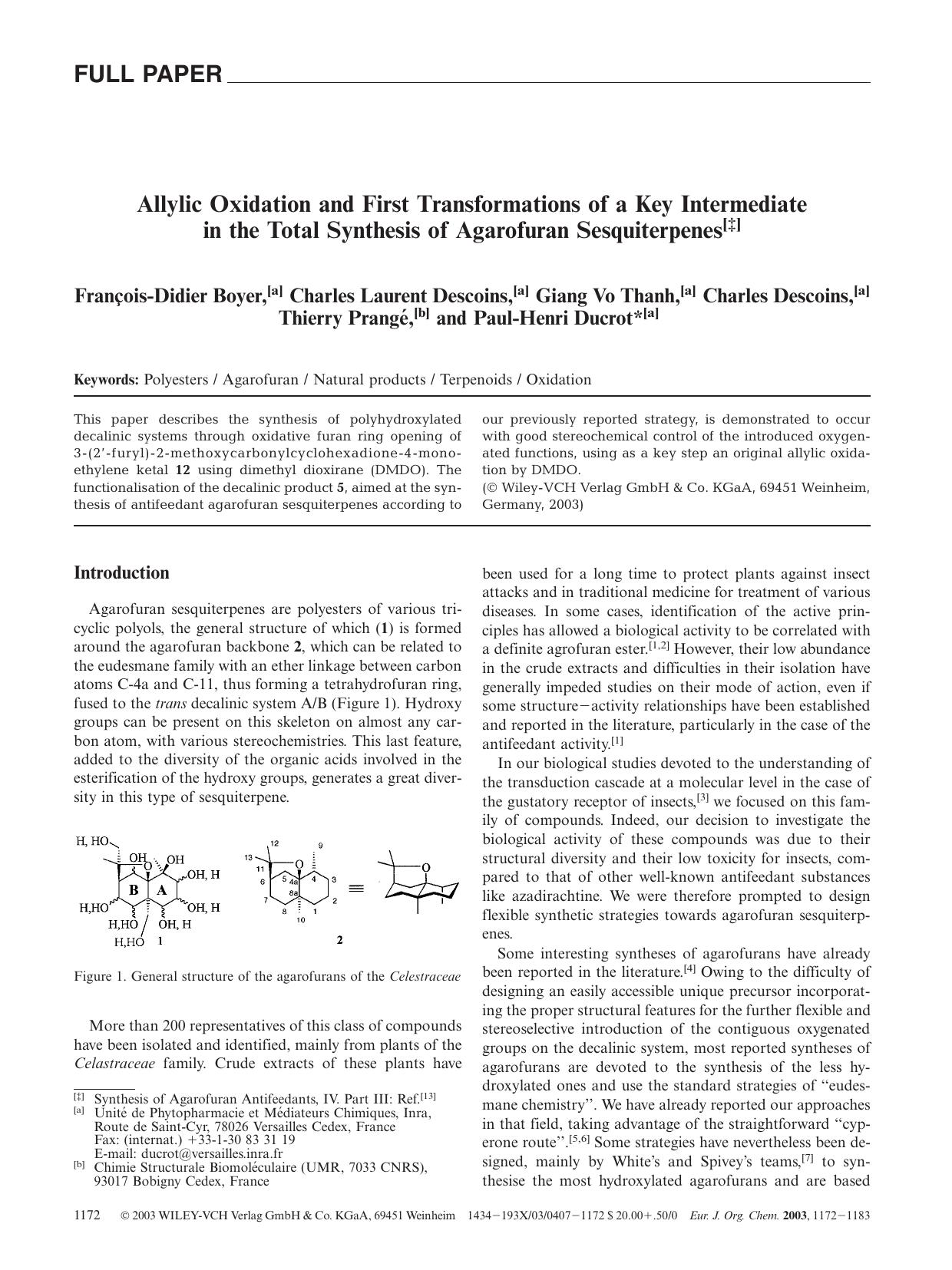 Allylic Oxidation and First Transformations of a Key Intermediate in the Total Synthesis of Agarofuran Sesquiterpenes by Unknown