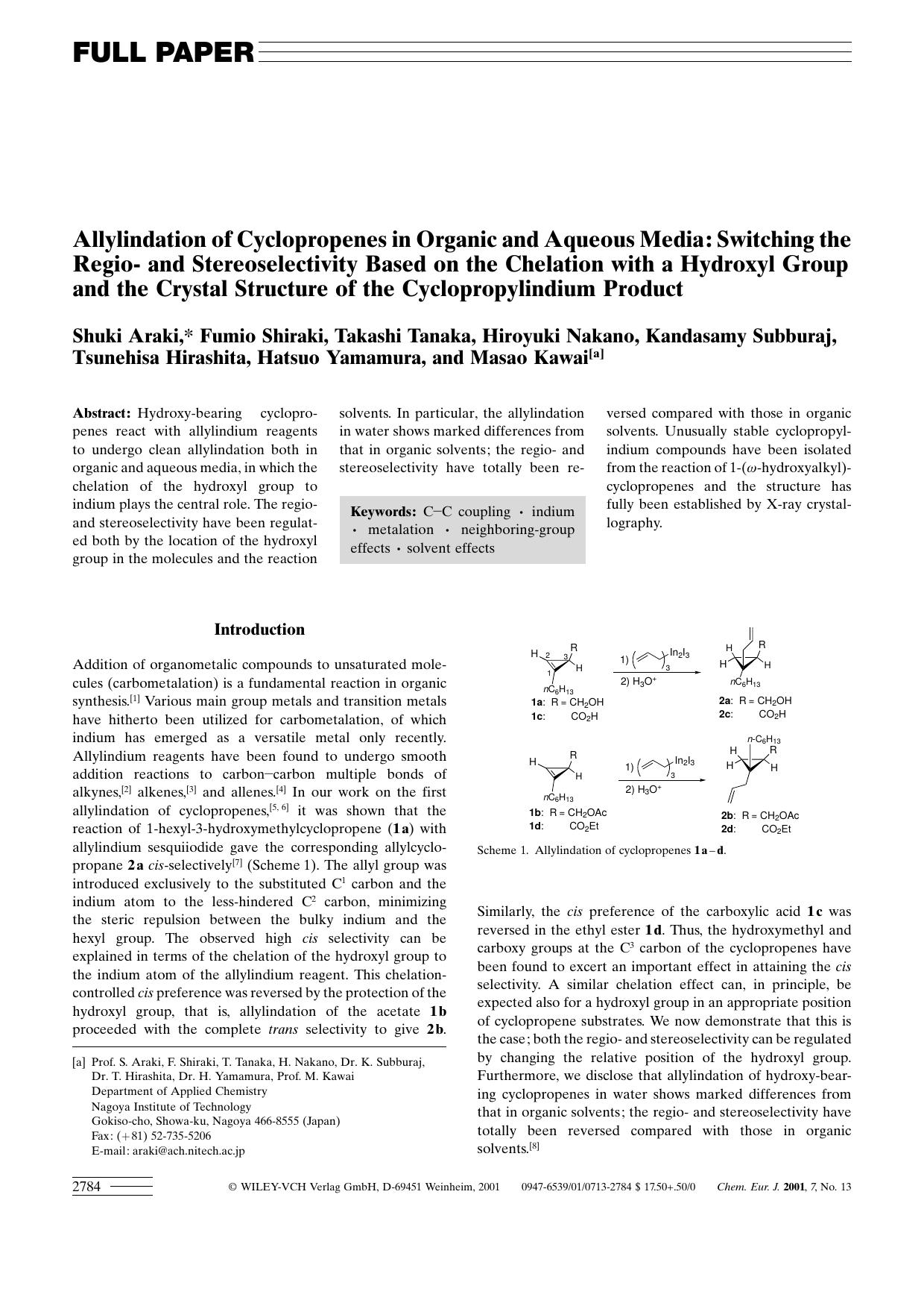 Allylindation of Cyclopropenes in Organic and Aqueous Media: Switching the Regio- and Stereoselectivity Based on the Chelation with a Hydroxyl Group and the Crystal Structure of th by Unknown