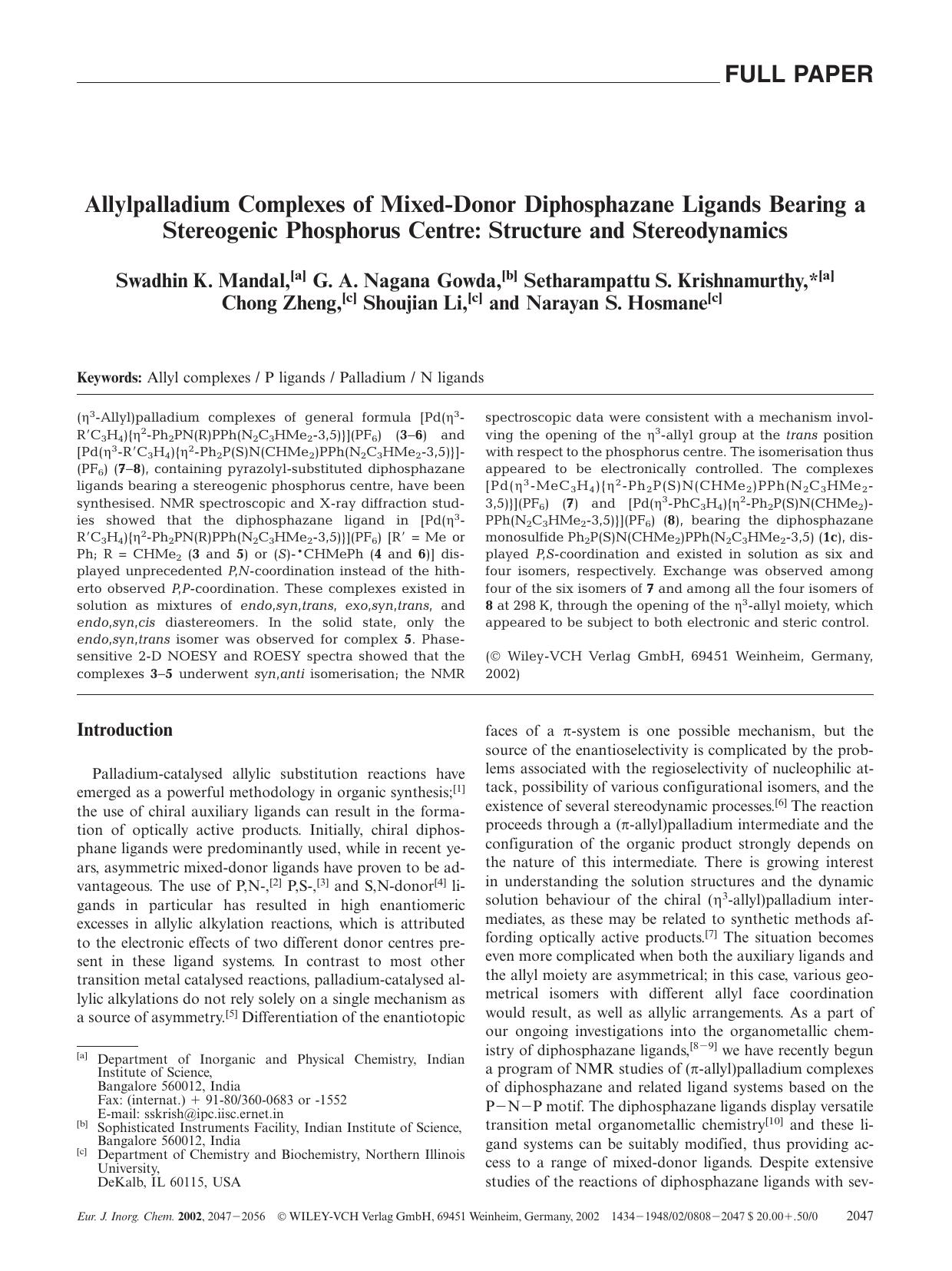 Allylpalladium Complexes of Mixed-Donor Diphosphazane Ligands Bearing a Stereogenic Phosphorus Centre: Structure and Stereodynamics by Unknown