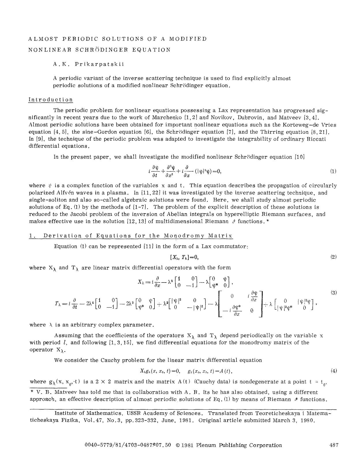 Almost periodic solutions of a modified nonlinear Schr&#x00F6;dinger equation by Unknown