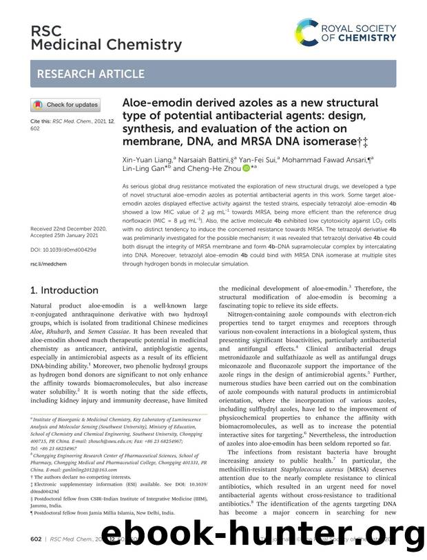 Aloe-emodin derived azoles as a new structural type of potential antibacterial agents: design, synthesis, and evaluation of the action on membrane, DNA, and MRSA DNA isomerase by unknow