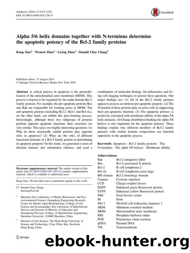 Alpha 56 helix domains together with N-terminus determine the apoptotic potency of the Bcl-2 family proteins by Kang Xiao & Wenrui Zhao & Liying Zhou & Donald Choy Chang