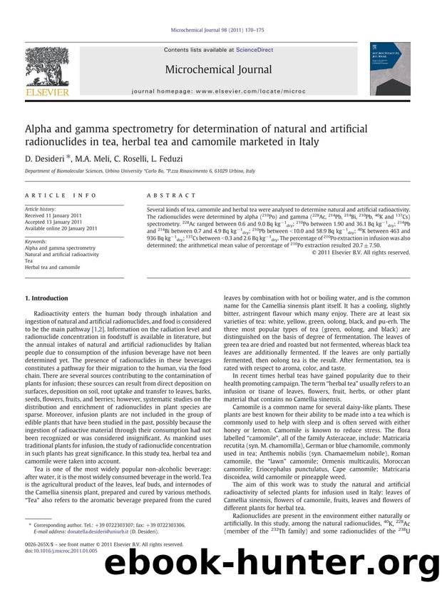 Alpha and gamma spectrometry for determination of natural and artificial radionuclides in tea, herbal tea and camomile marketed in Italy by D. Desideri & M.A. Meli & C. Roselli & L. Feduzi