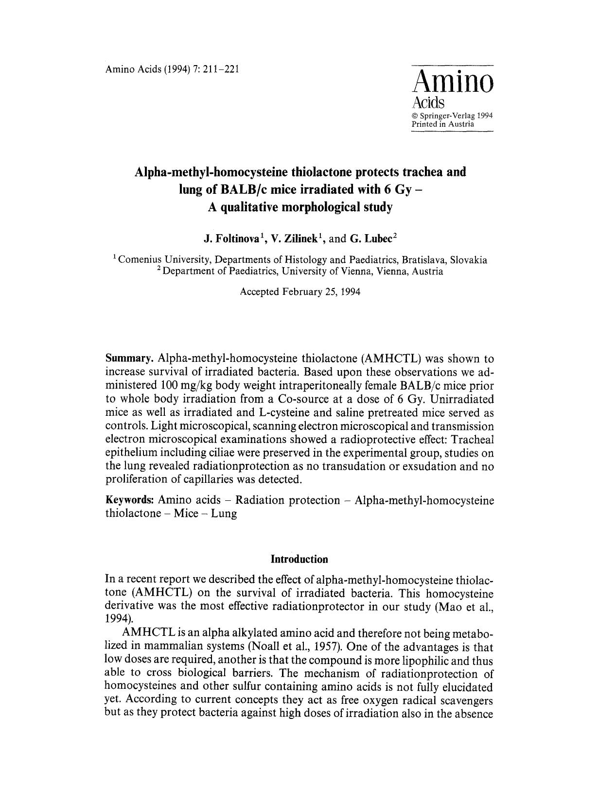 Alpha-methyl-homocysteine thiolactone protects trachea and lung of BALBc mice irradiated with 6 Gy â A qualitative morphological study by Unknown