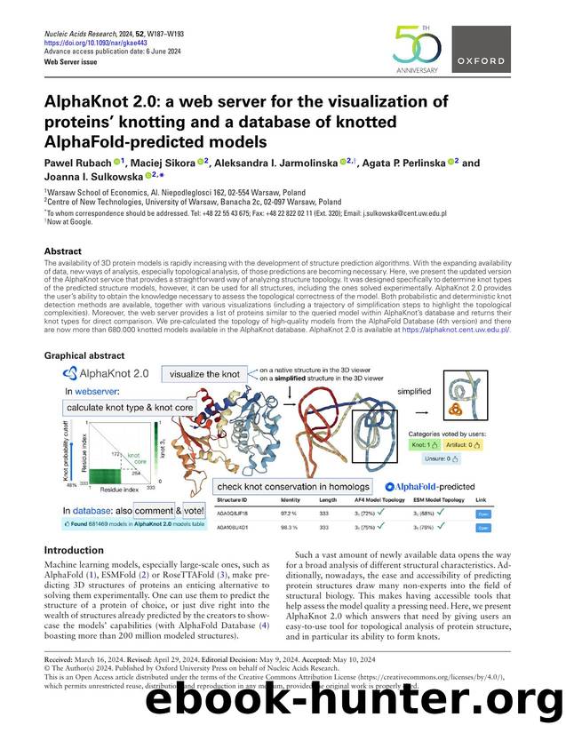 AlphaKnot 2.0: a web server for the visualization of proteinsâ knotting and a database of knotted AlphaFold-predicted models by Pawel Rubach & Maciej Sikora & Aleksandra I Jarmolinska & Agata P Perlinska & Joanna I Sulkowska