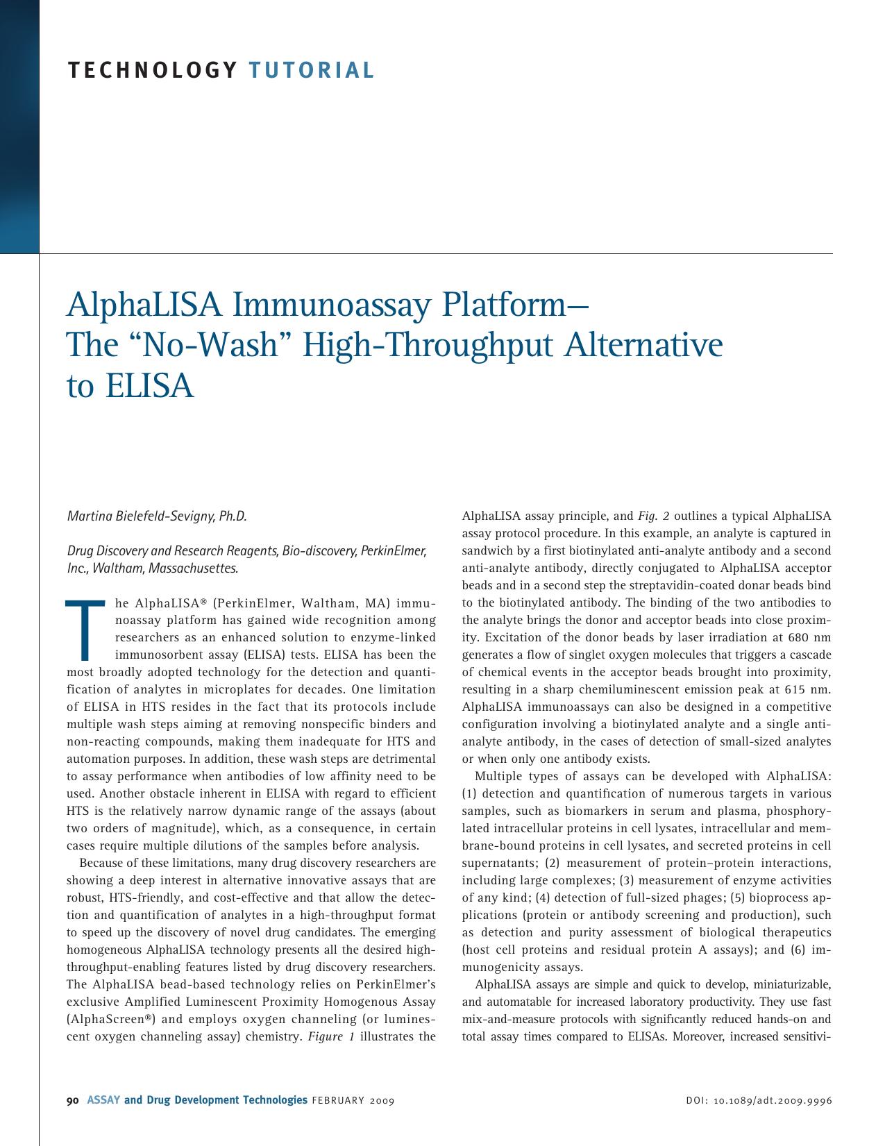 AlphaLISA Immunoassay Platformâ The âNo-Washâ High-Throughput Alternative to ELISA by Martina Bielefeld-Sevigny Ph.D