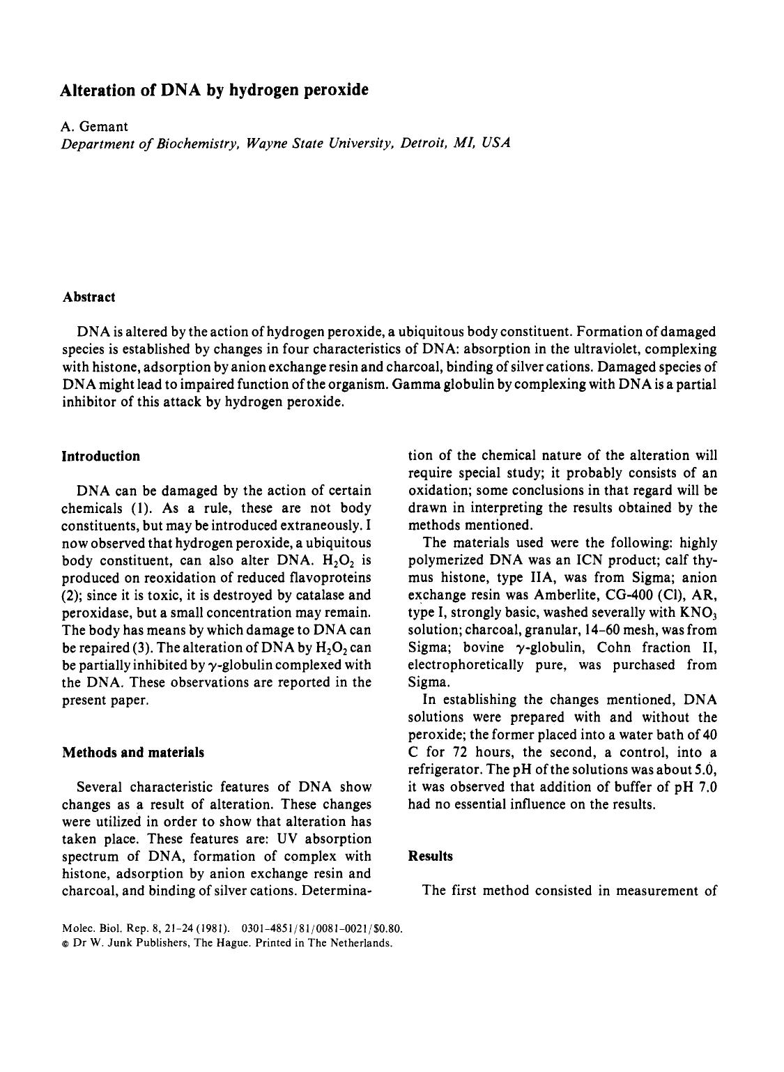 Alteration of DNA by hydrogen peroxide by Unknown