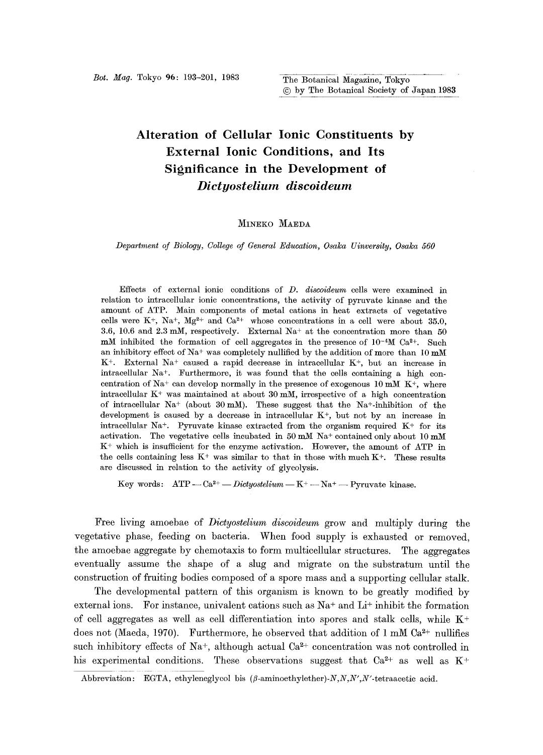 Alteration of cellular ionic constituents by external ionic conditions, and its significance in the development of <Emphasis Type="Italic">Dictyostelium discoideum <Emphasis> by Unknown