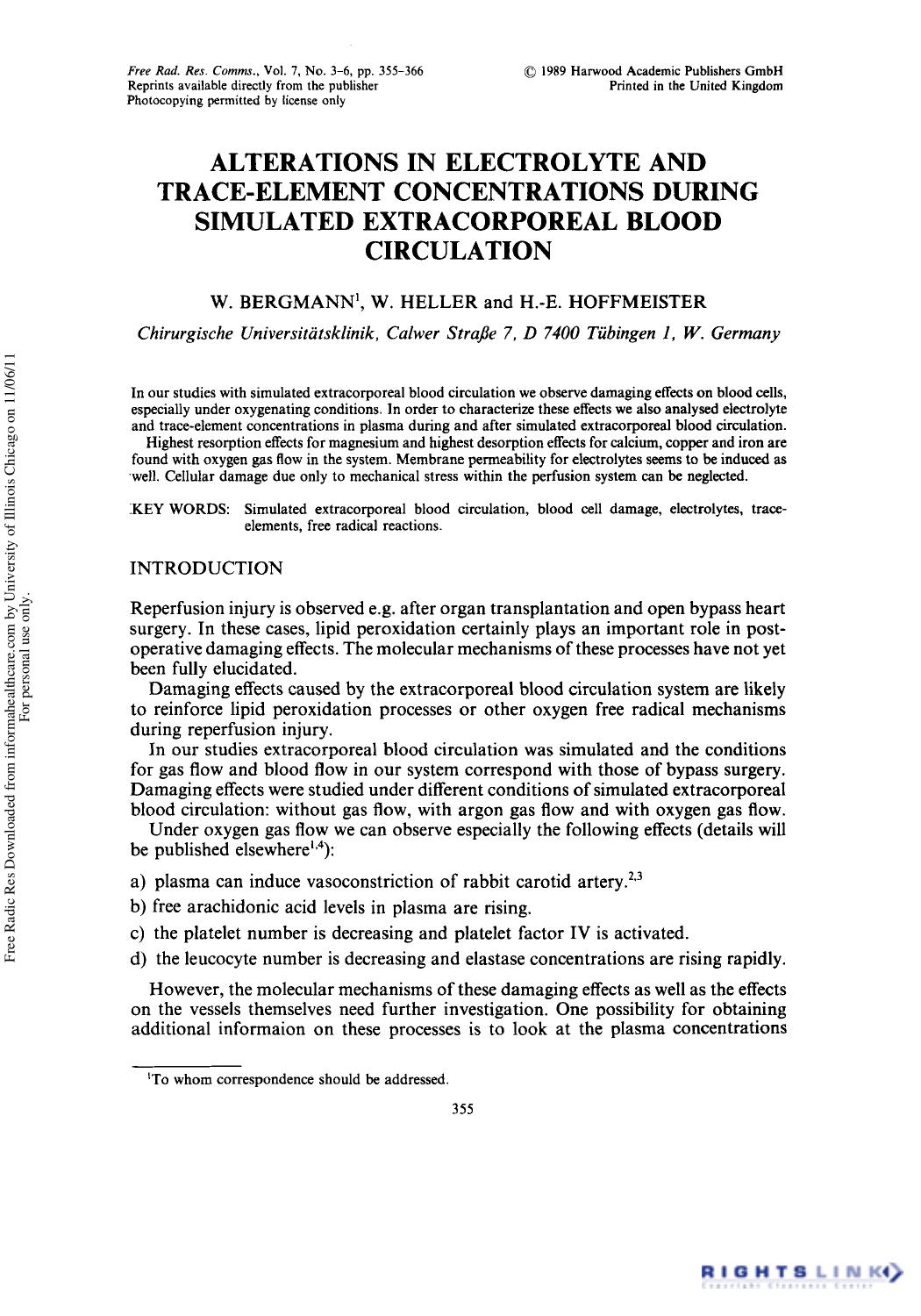 Alterations in Electrolyte and Trace-Element Concentrations During Simulated Extracorporeal Blood Circulation by W. Bergmann1† W. Heller1 & H.-E. Hoffmeister1
