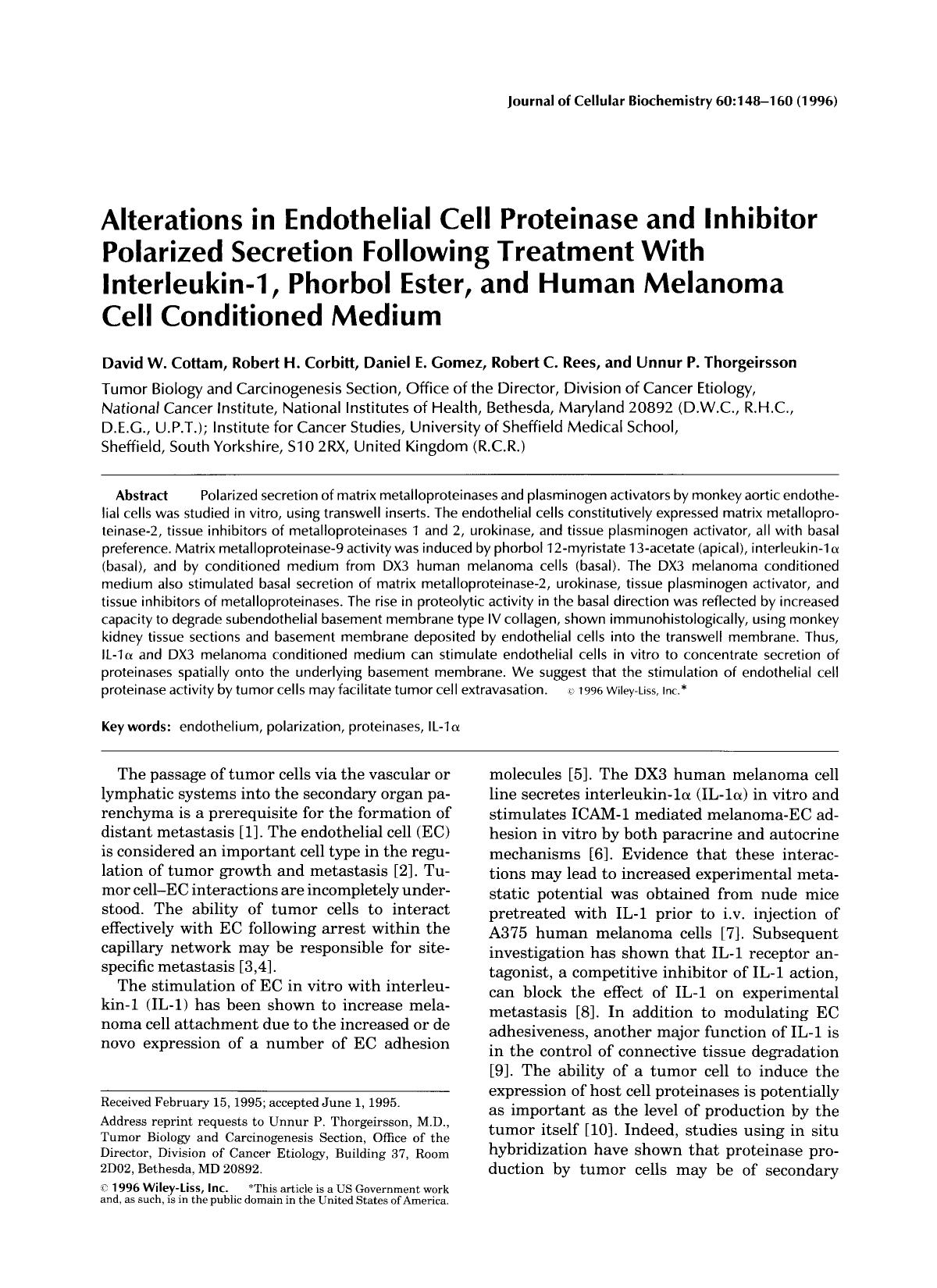 Alterations in endothelial cell proteinase and inhibitor polarized secretion following treatment with interleukin-1, phorbol ester, and human melanoma cell conditioned medium by Unknown
