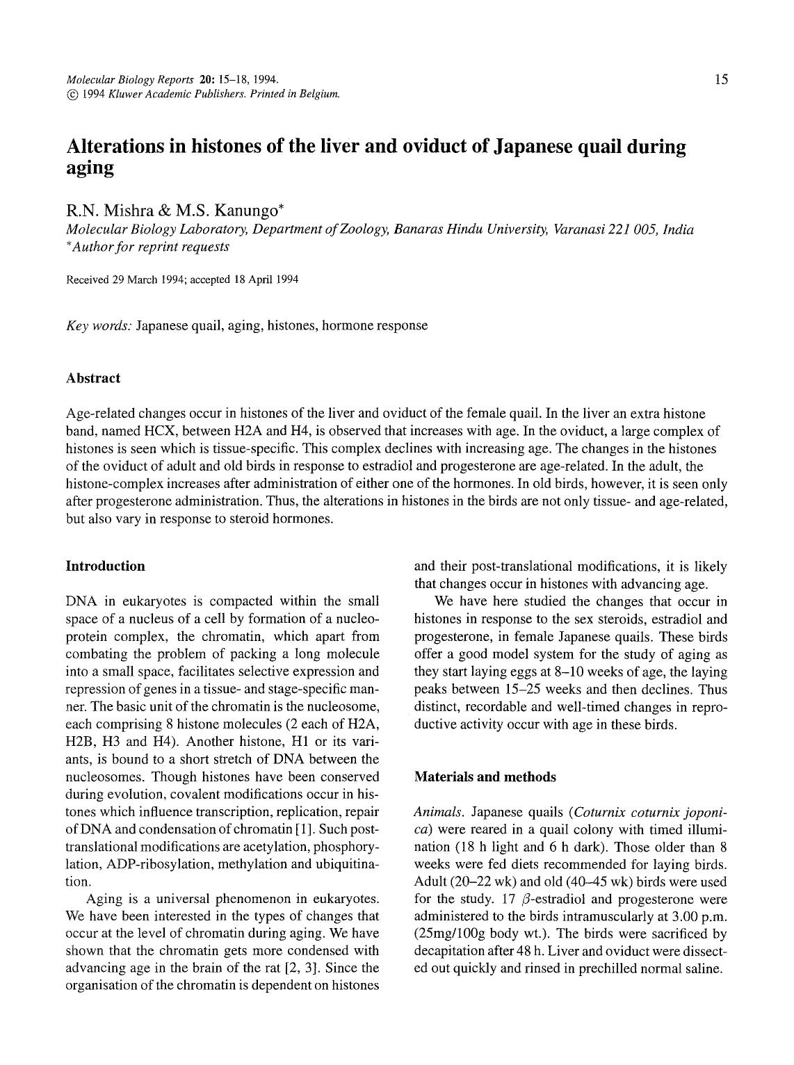 Alterations in histones of the liver and oviduct of Japanese quail during aging by Unknown