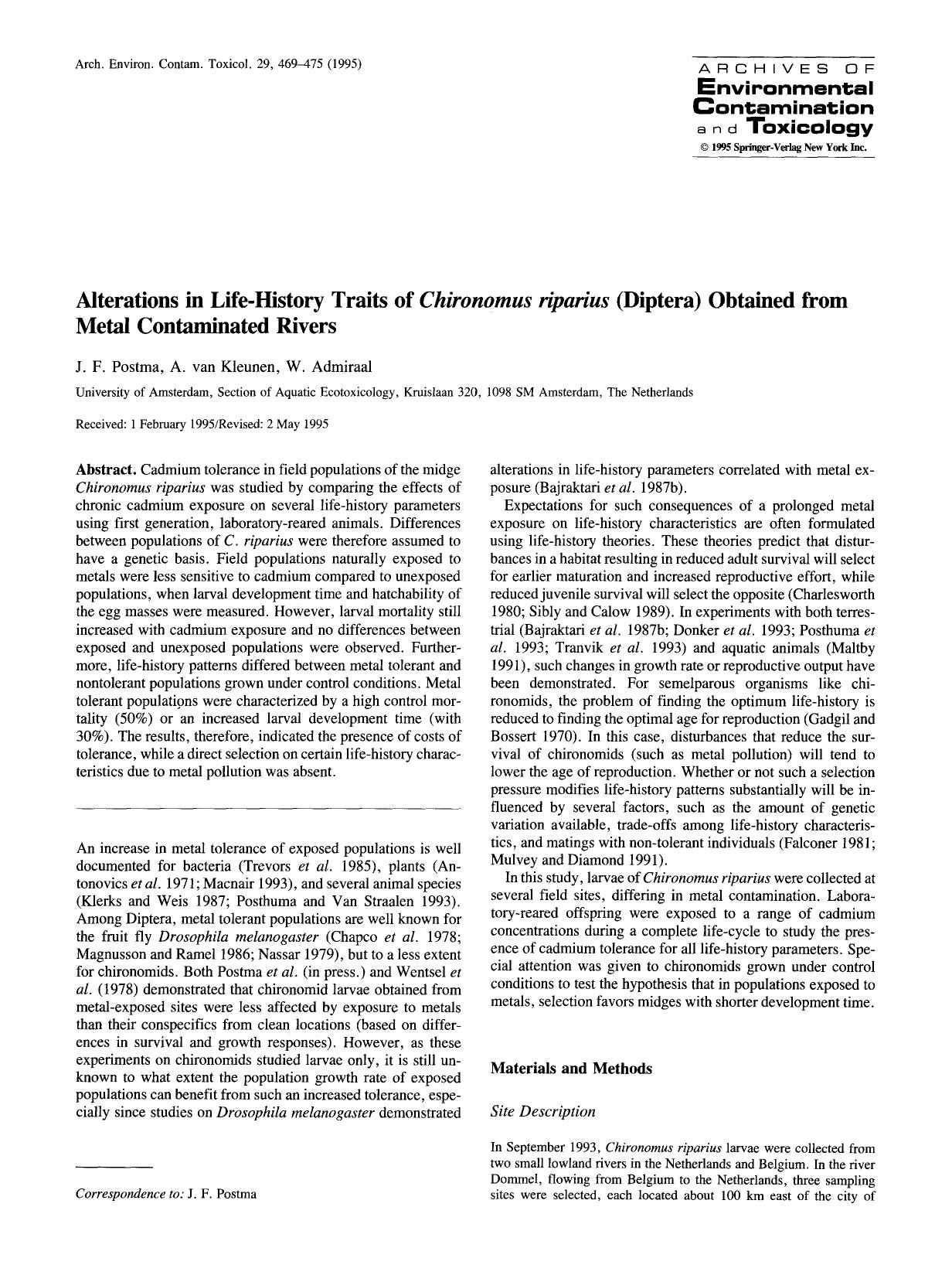 Alterations in life-history traits of <Emphasis Type="Italic">Chironomus riparius <Emphasis> (diptera) obtained from metal contaminated rivers by Unknown