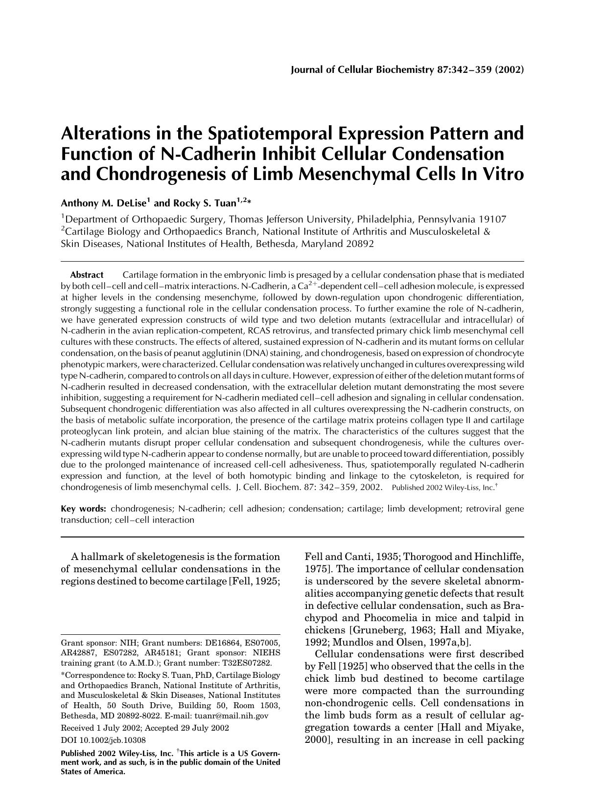 Alterations in the spatiotemporal expression pattern and function of N-Cadherin inhibit cellular condensation and chondrogenesis of limb mesenchymal cells in vitro by Unknown