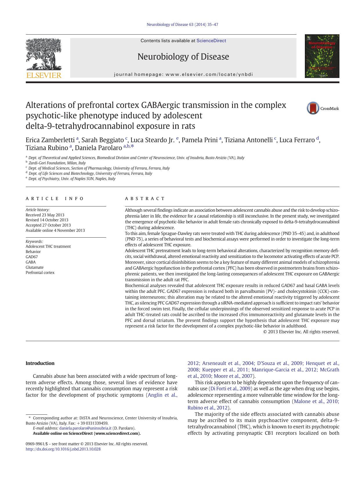 Alterations of prefrontal cortex GABAergic transmission in the complex psychotic-like phenotype induced by adolescent delta-9-tetrahydrocannabinol exposure in rats by unknow