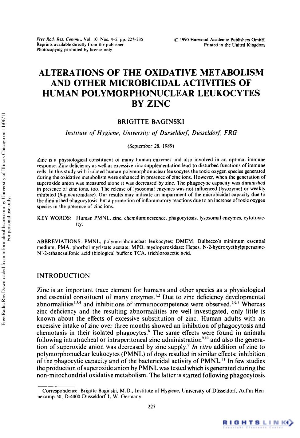 Alterations of the Oxidative Metabolism and Other Microbicidal Activities of Human Polymorphonuclear Leukocytes By Zinc by Brigitte Baginski1† & H. Sies1
