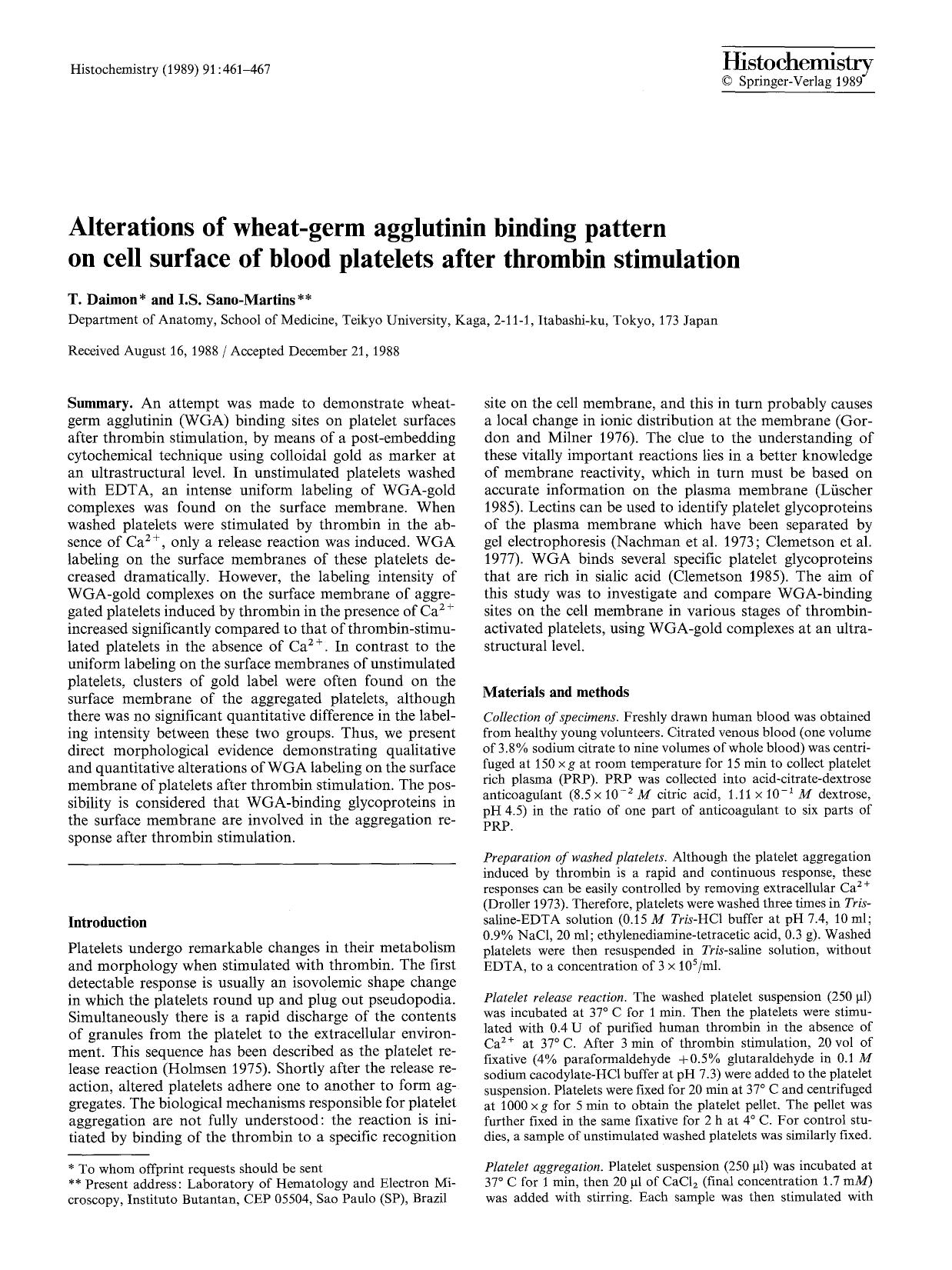 Alterations of wheat-germ agglutinin binding pattern on cell surface of blood platelets after thrombin stimulation by Unknown