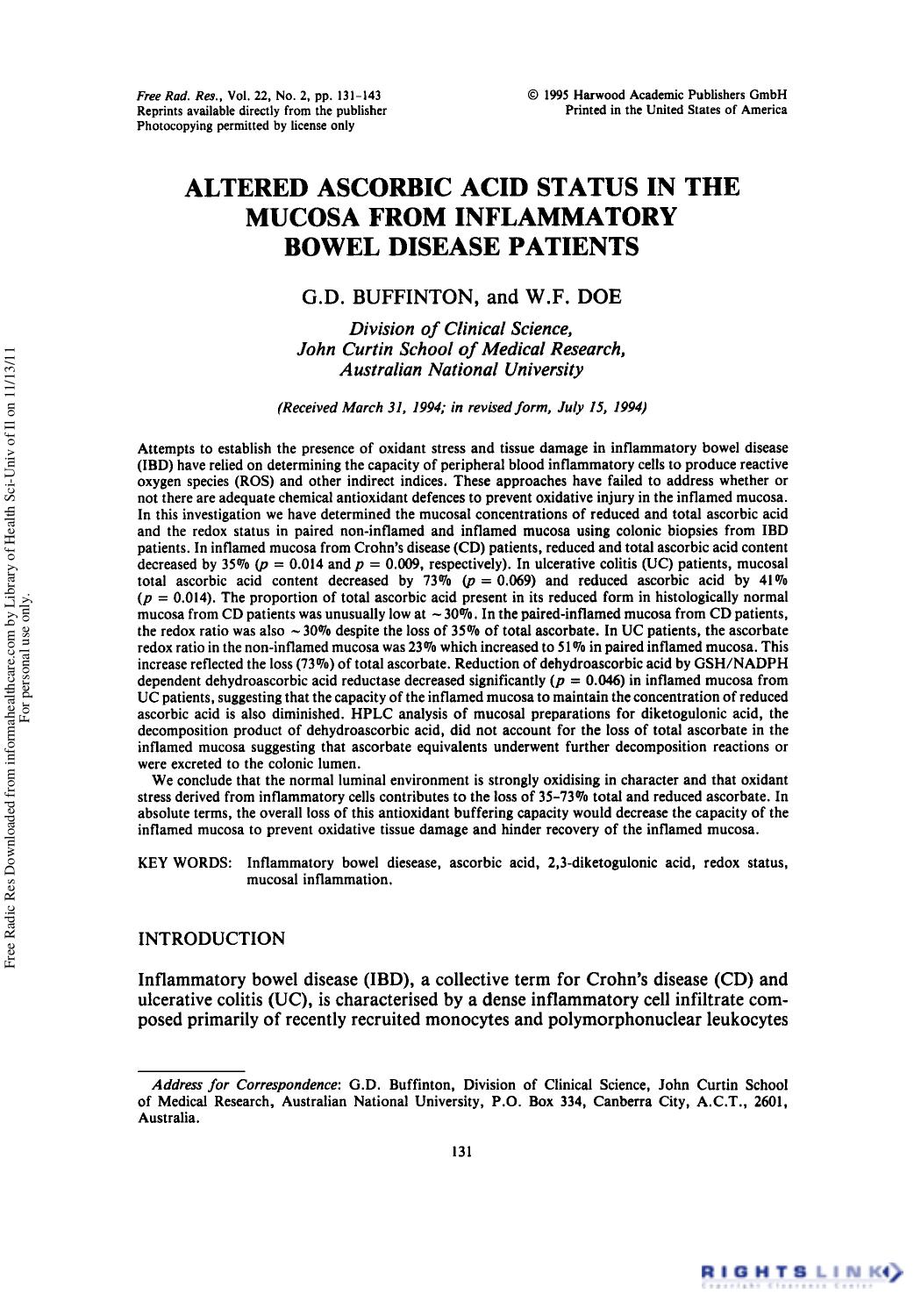 Altered Ascorbic Acid Status in the Mucosa from Inflammatory Bowel Disease Patients by G. D. Buffinton1† & W. F. Doe1