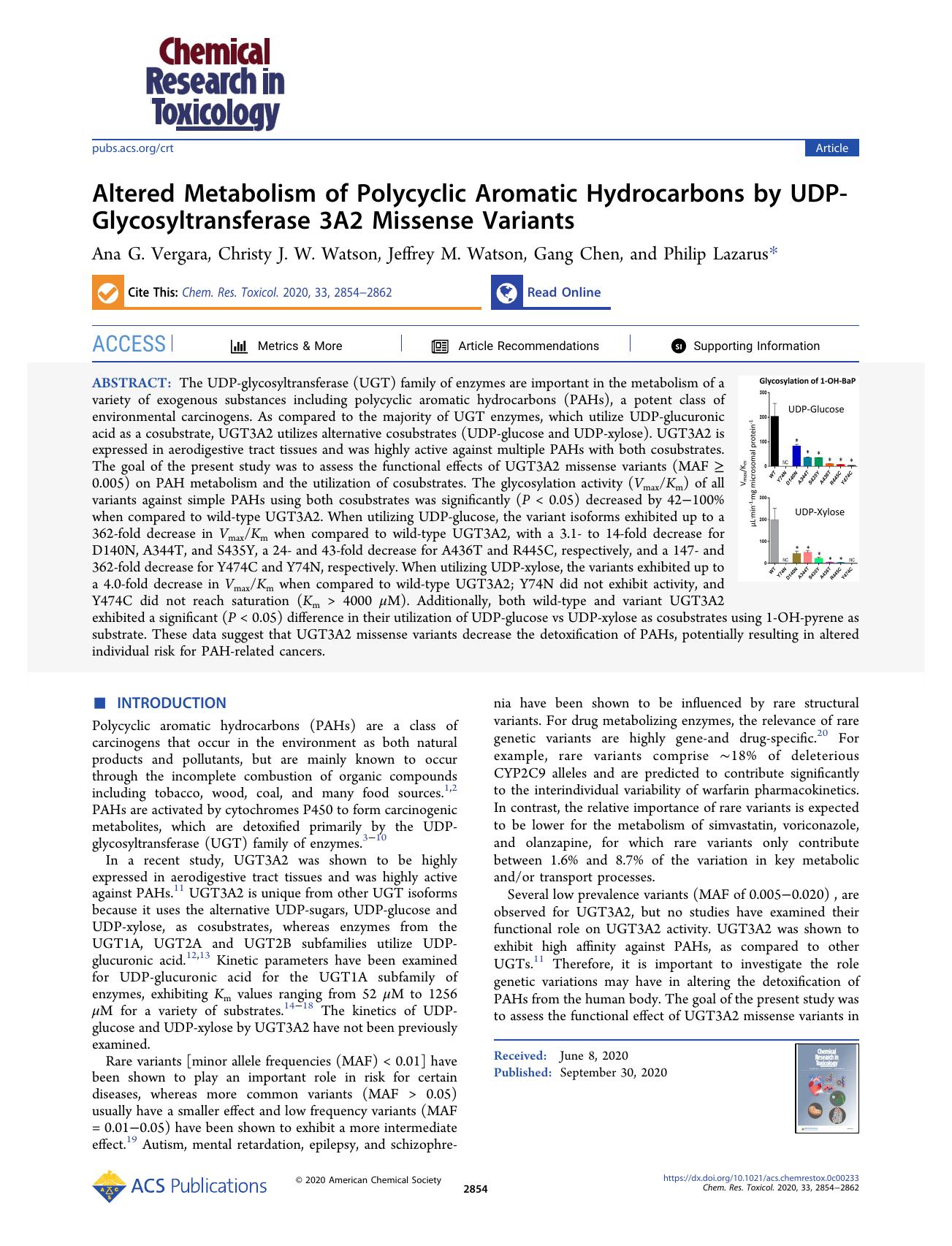 Altered Metabolism of Polycyclic Aromatic Hydrocarbons by UDP-Glycosyltransferase 3A2 Missense Variants by Ana G. Vergara Christy J. W. Watson Jeffrey M. Watson Gang Chen and Philip Lazarus