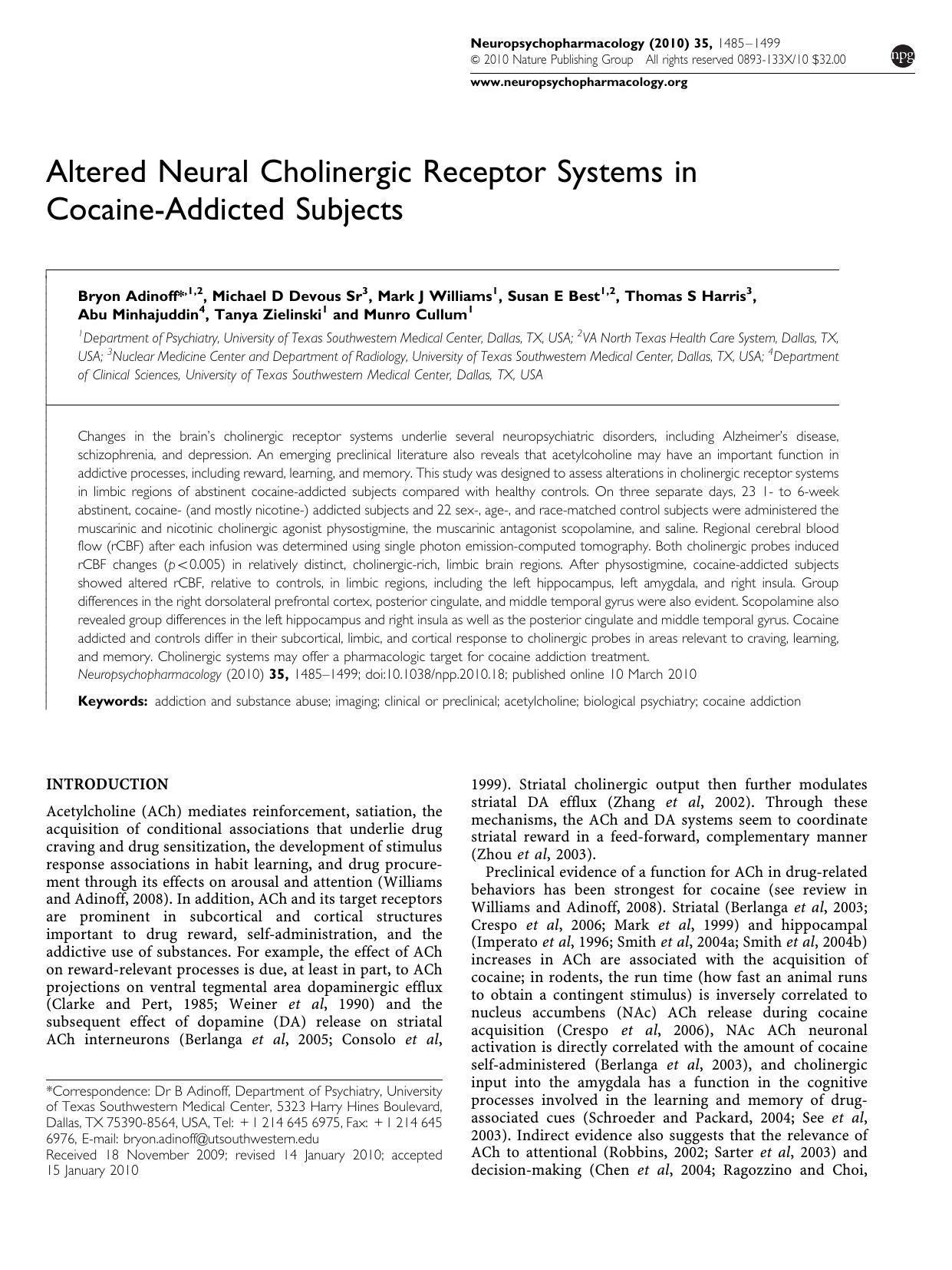 Altered Neural Cholinergic Receptor Systems in Cocaine-Addicted Subjects by unknow