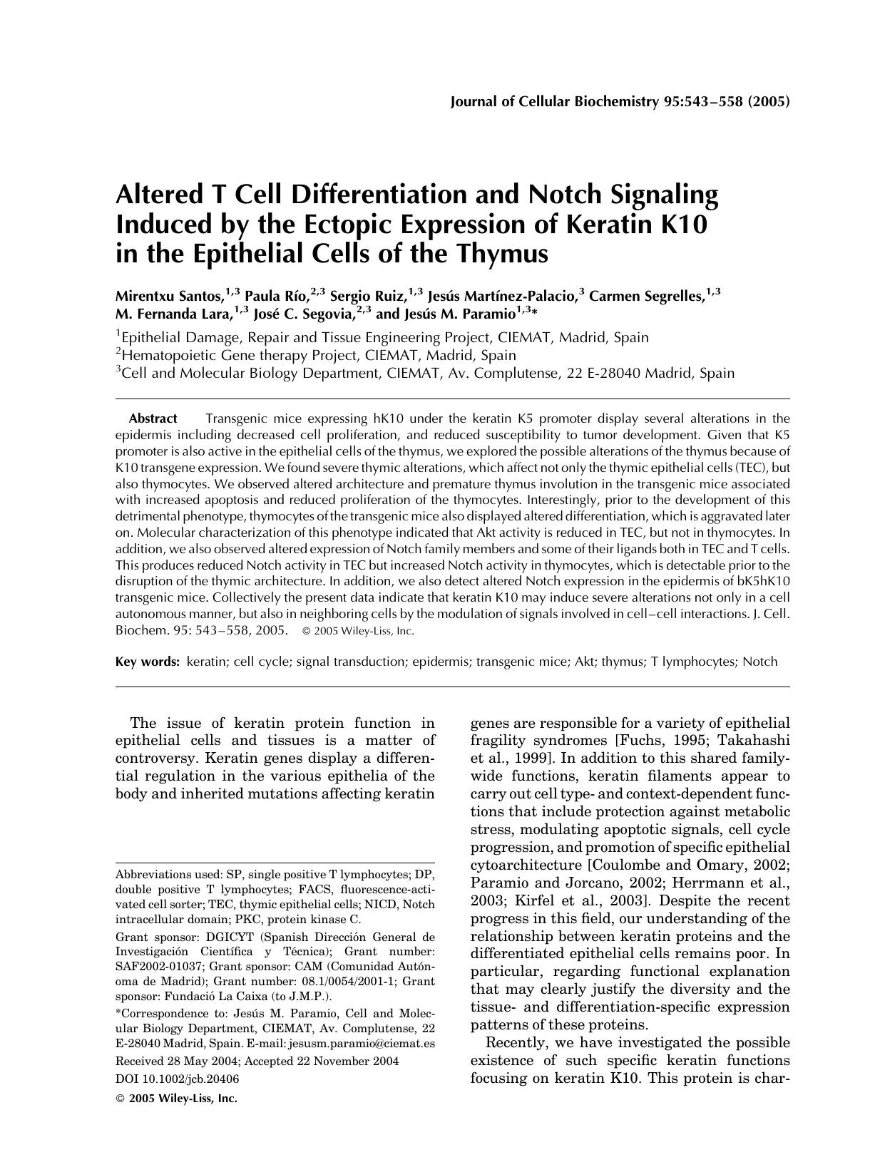 Altered T cell differentiation and Notch signaling induced by the ectopic expression of keratin K10 in the epithelial cells of the thymus by Unknown