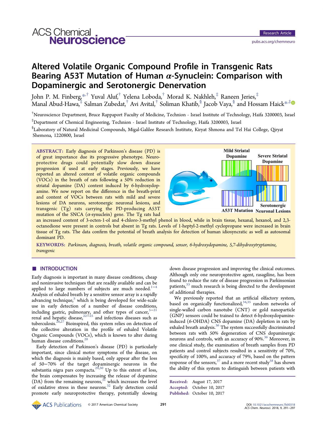 Altered Volatile Organic Compound Profile in Transgenic Rats Bearing A53T Mutation of Human Î±-Synuclein: Comparison with Dopaminergic and Serotonergic Denervation by unknow